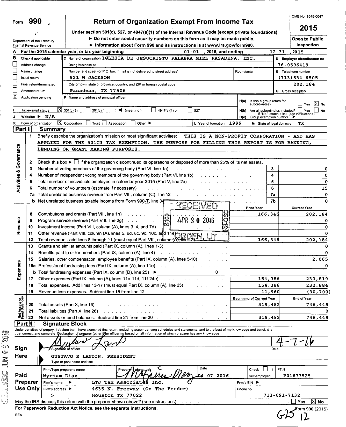 Image of first page of 2015 Form 990 for Iglesia de Jesucristo Palabra Miel Pasadena