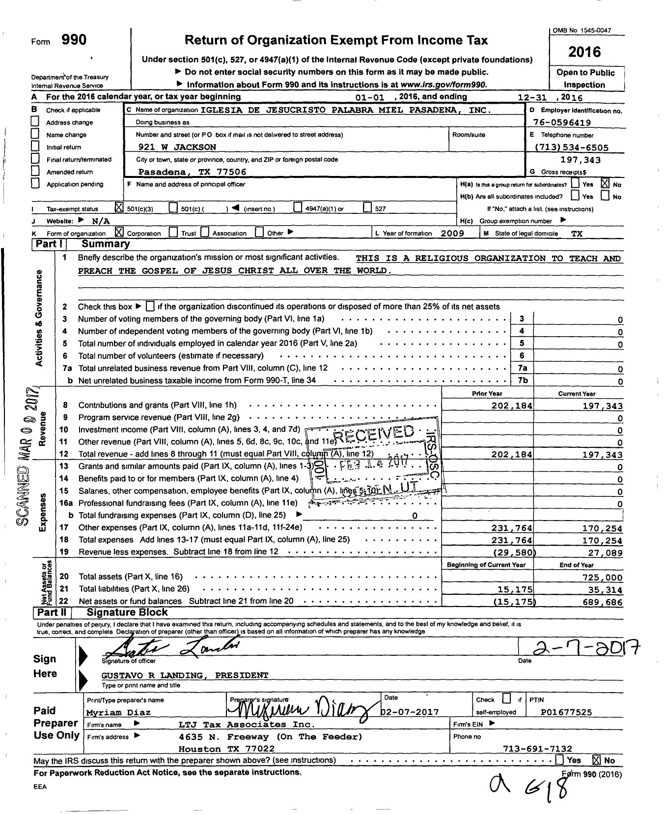 Image of first page of 2016 Form 990 for Iglesia de Jesucristo Palabra Miel Pasadena