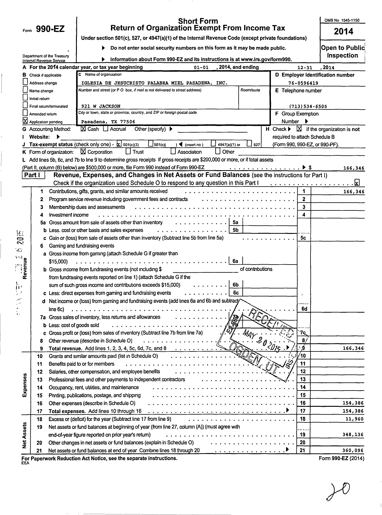 Image of first page of 2014 Form 990EZ for Iglesia de Jesucristo Palabra Miel Pasadena