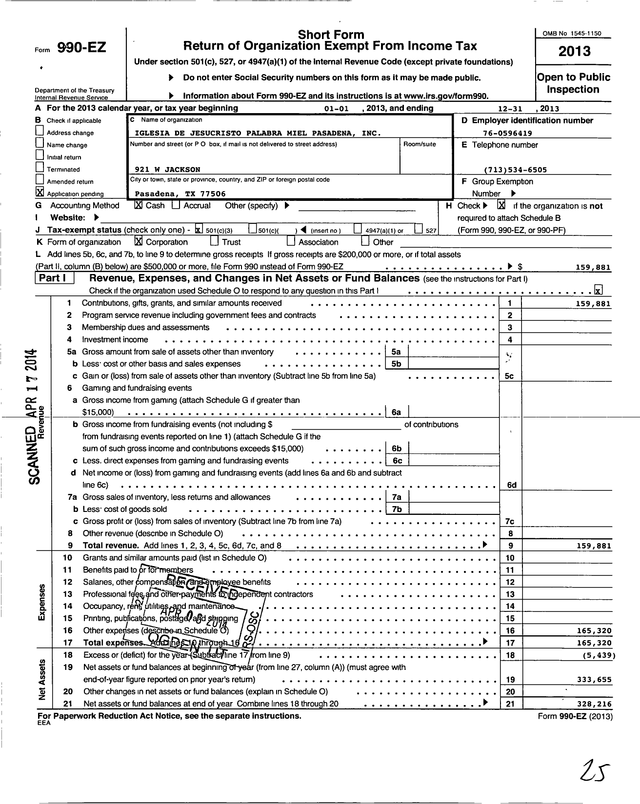 Image of first page of 2013 Form 990EZ for Iglesia de Jesucristo Palabra Miel Pasadena