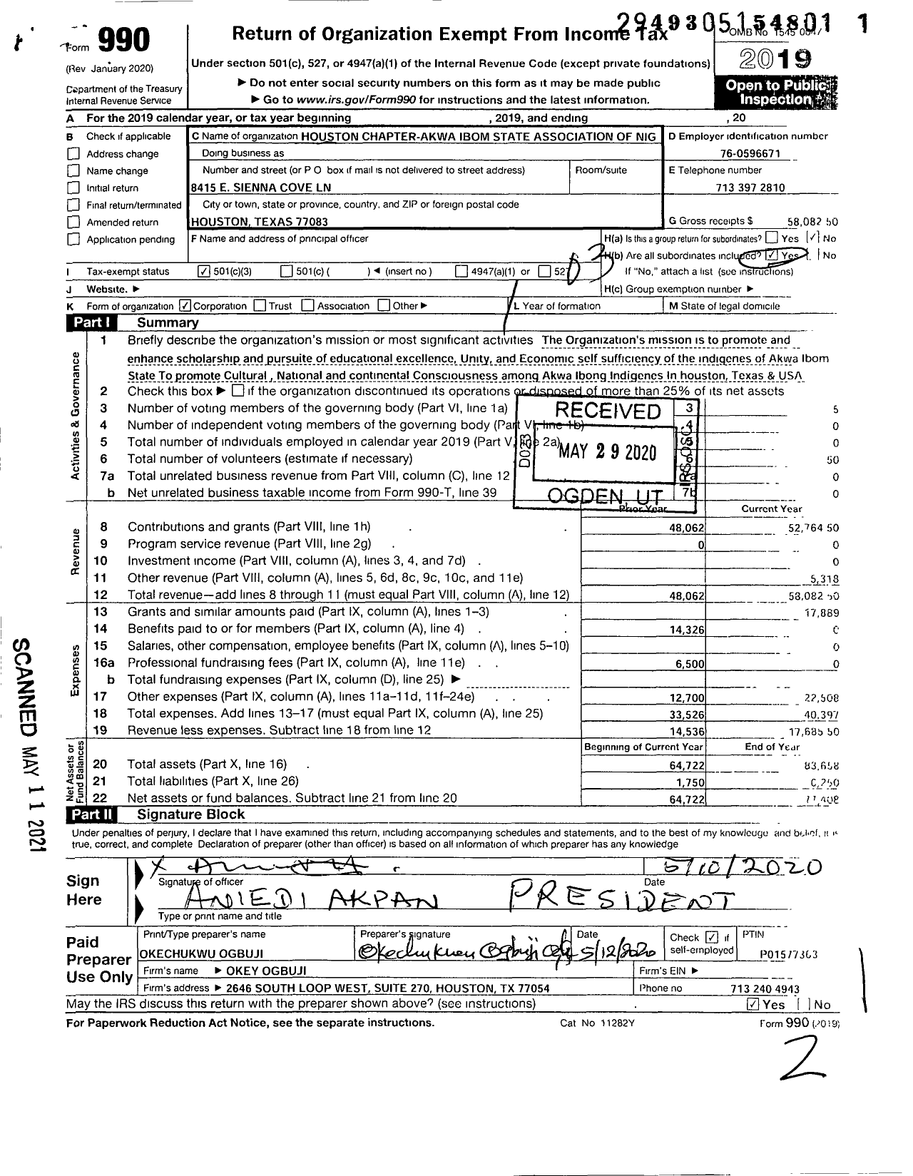 Image of first page of 2019 Form 990 for Houston Chapter Akwa Ibom State Association of Nigeria USA