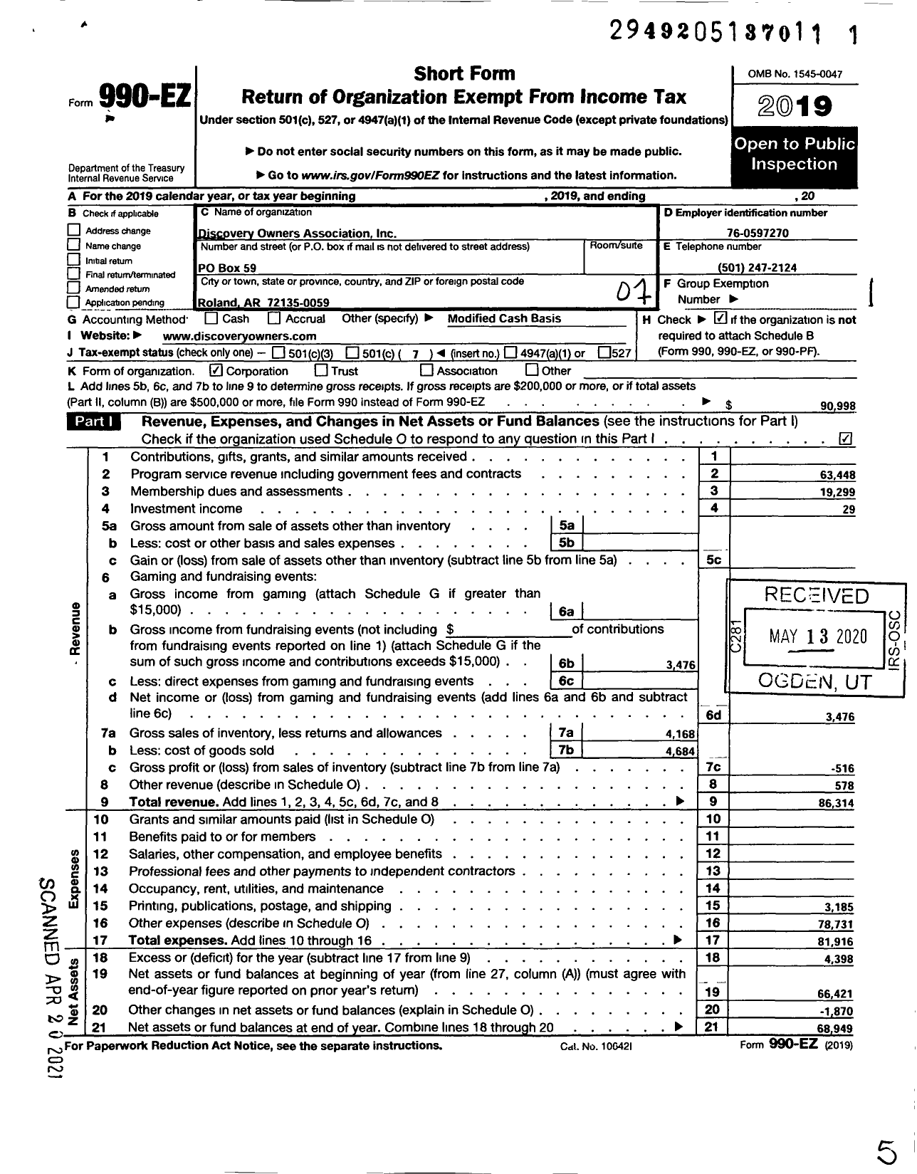 Image of first page of 2019 Form 990EO for Discovery Owners Association Incorporated