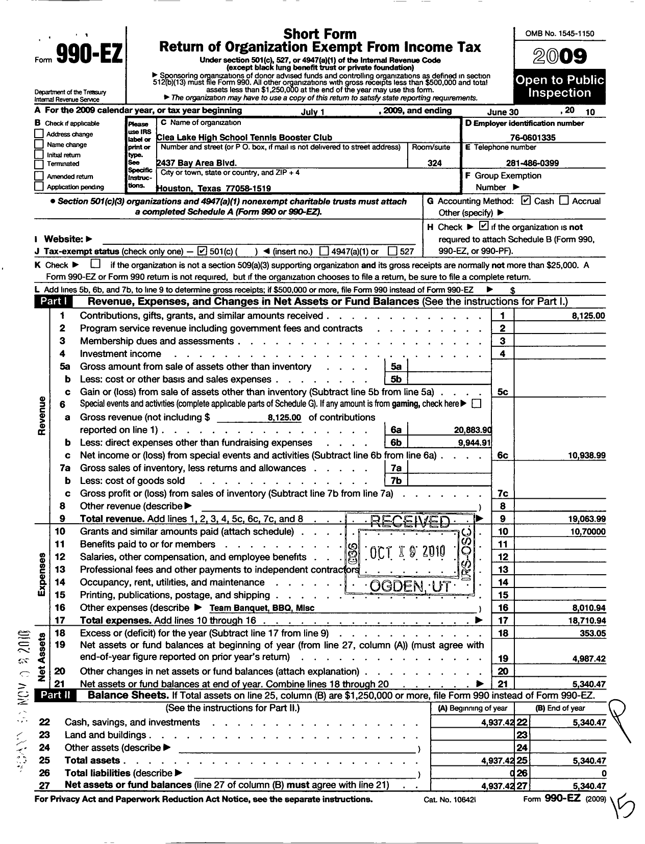 Image of first page of 2009 Form 990EO for Clearcreek I S D Support Groups / Clear Lake HS Tennis Booster Club