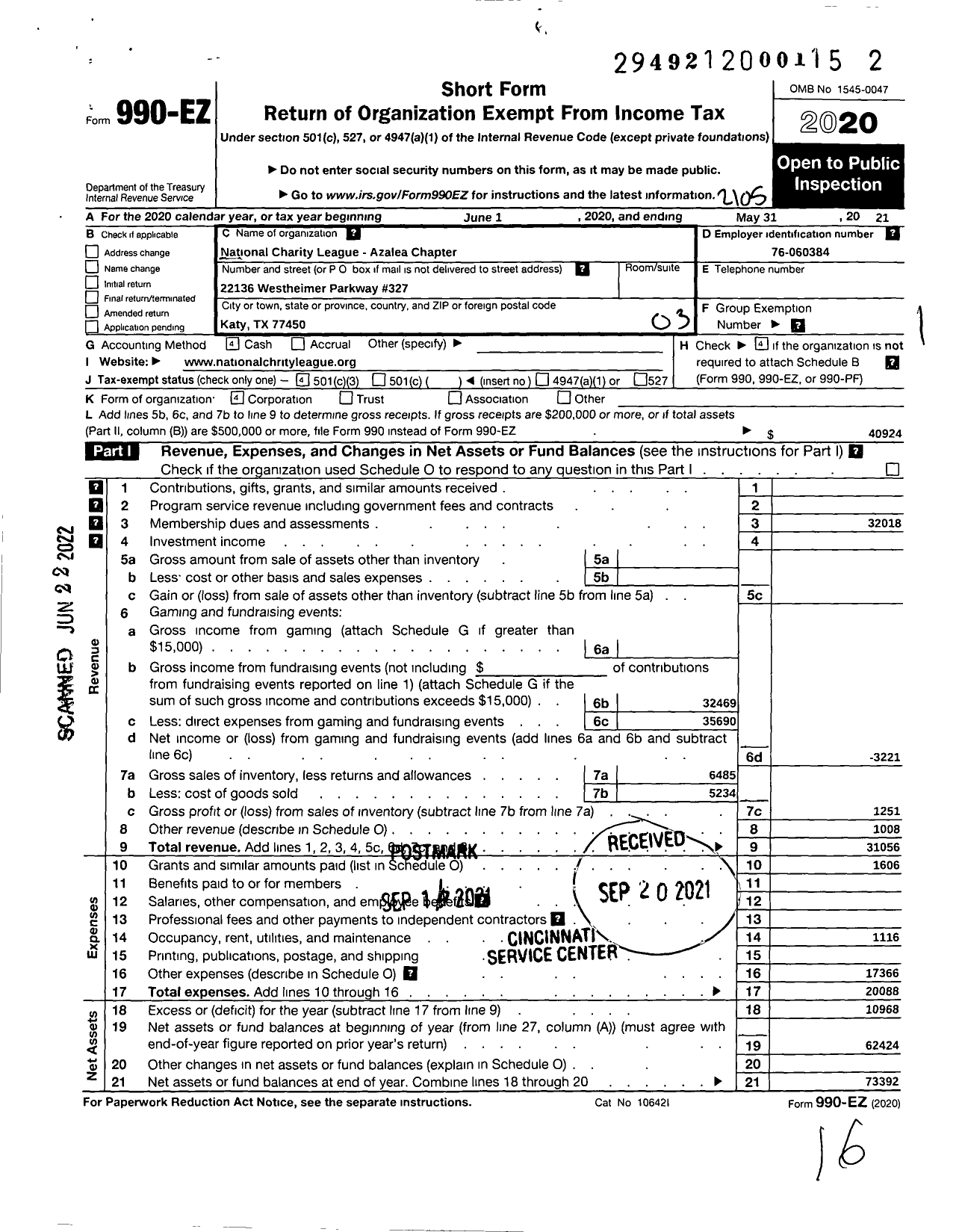 Image of first page of 2020 Form 990EZ for National Charity League / Azalea Chapter