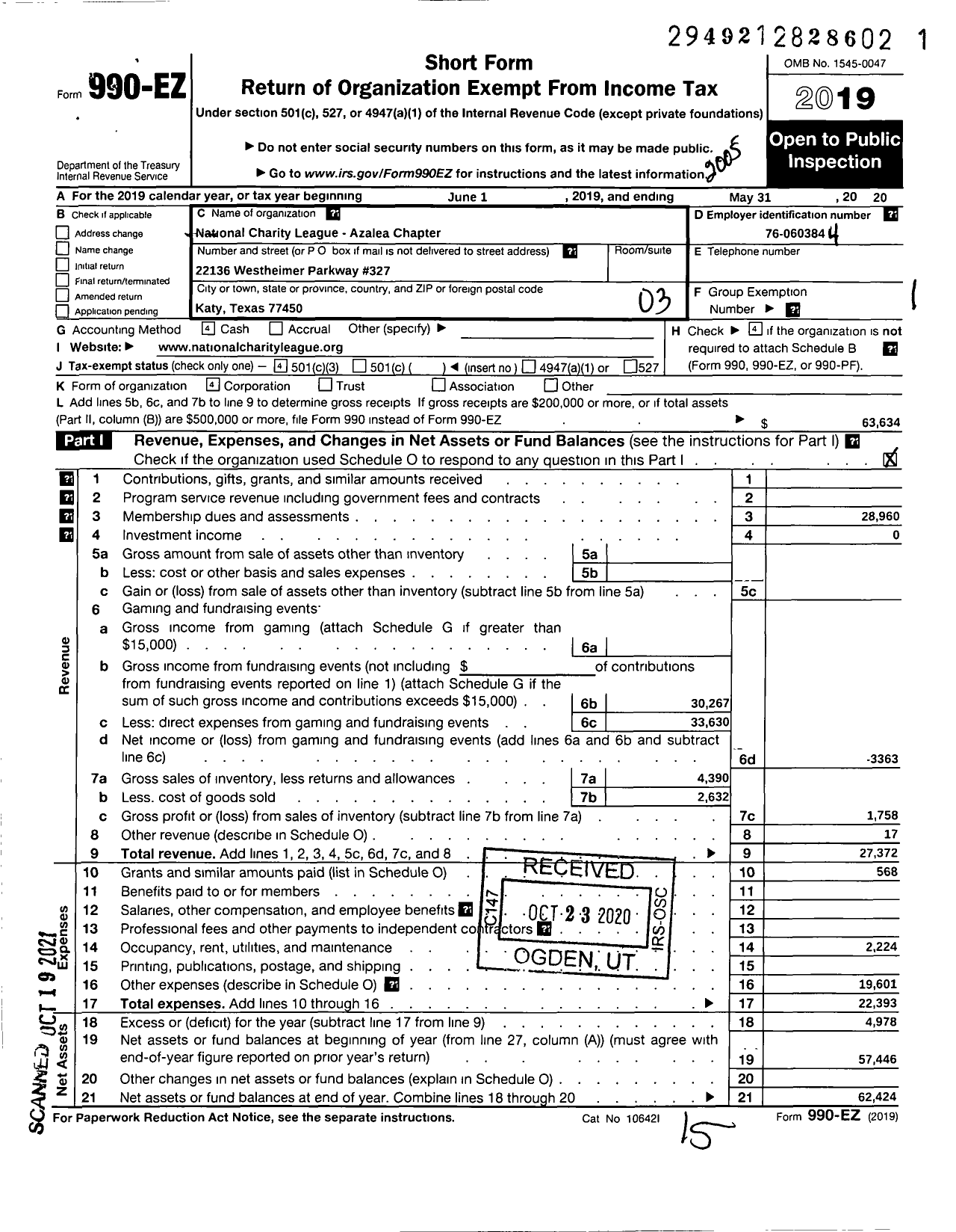 Image of first page of 2019 Form 990EZ for National Charity League / Azalea Chapter