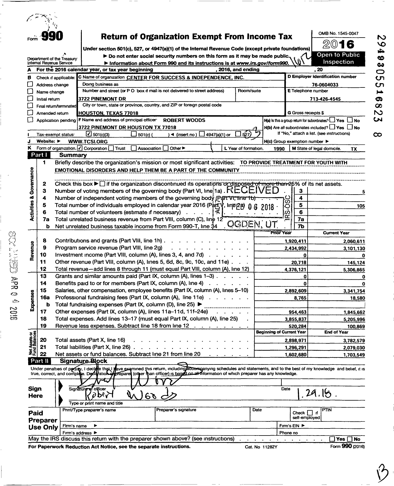 Image of first page of 2016 Form 990 for Center for Success and Independence