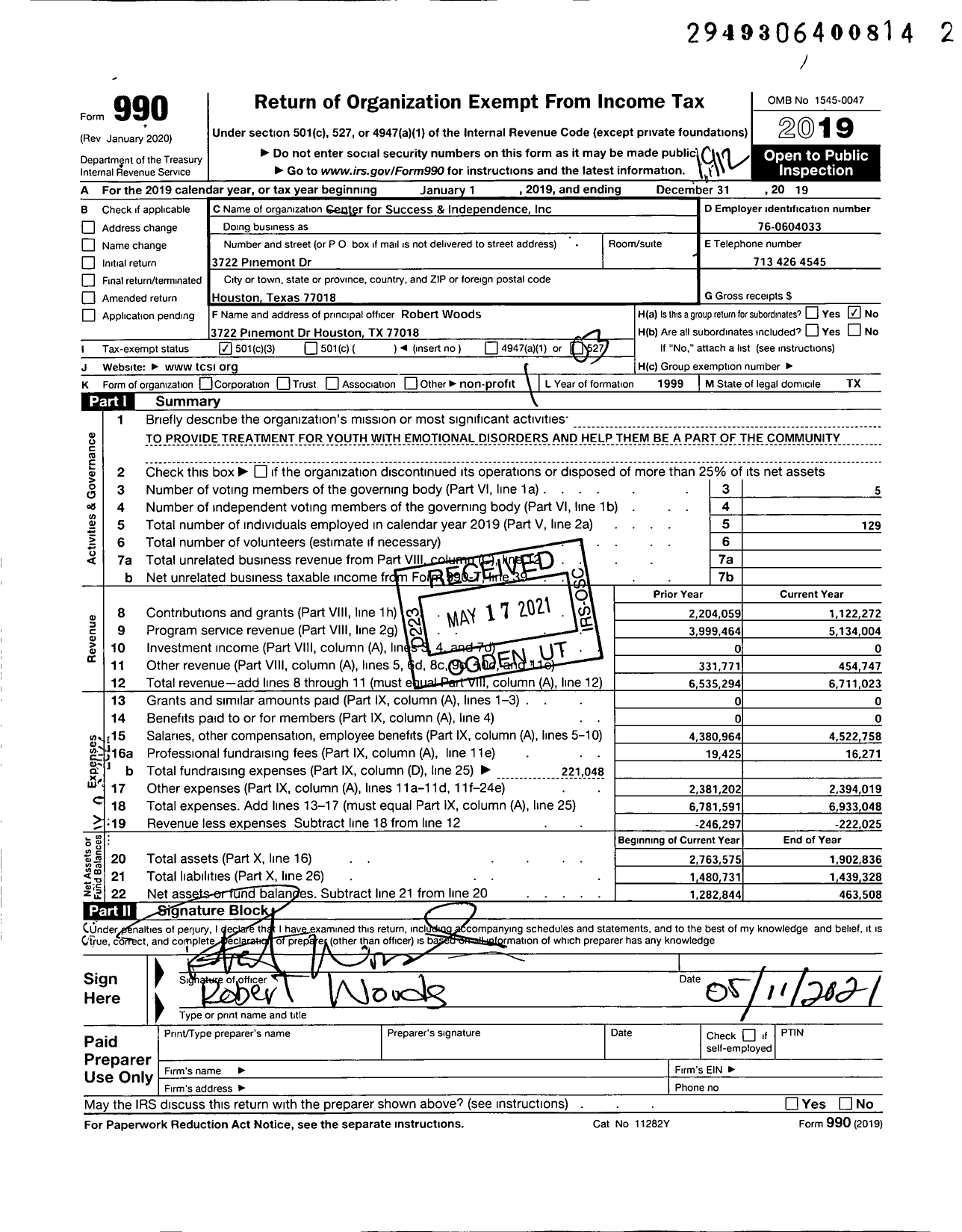 Image of first page of 2019 Form 990 for Center for Success and Independence