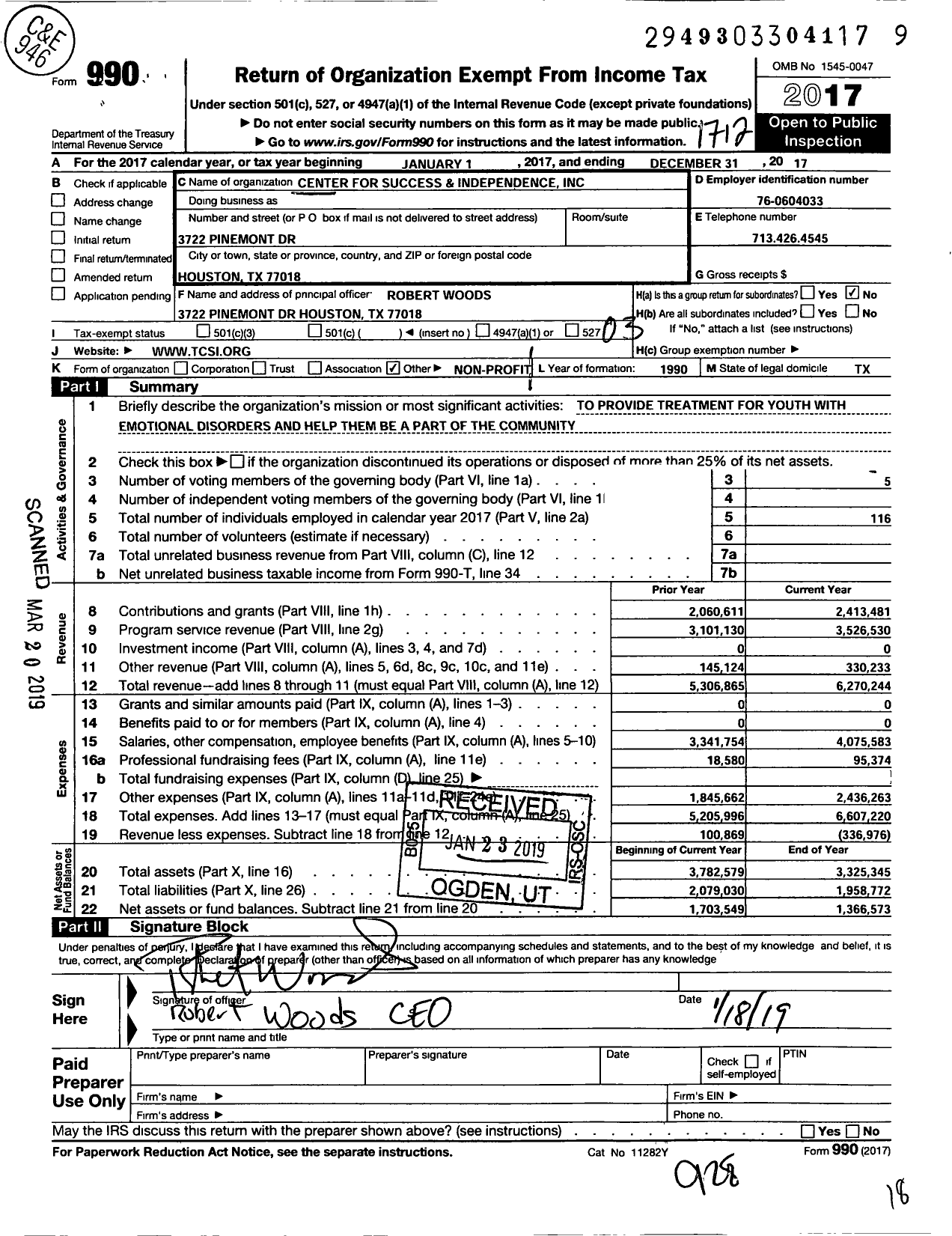 Image of first page of 2017 Form 990 for Center for Success and Independence