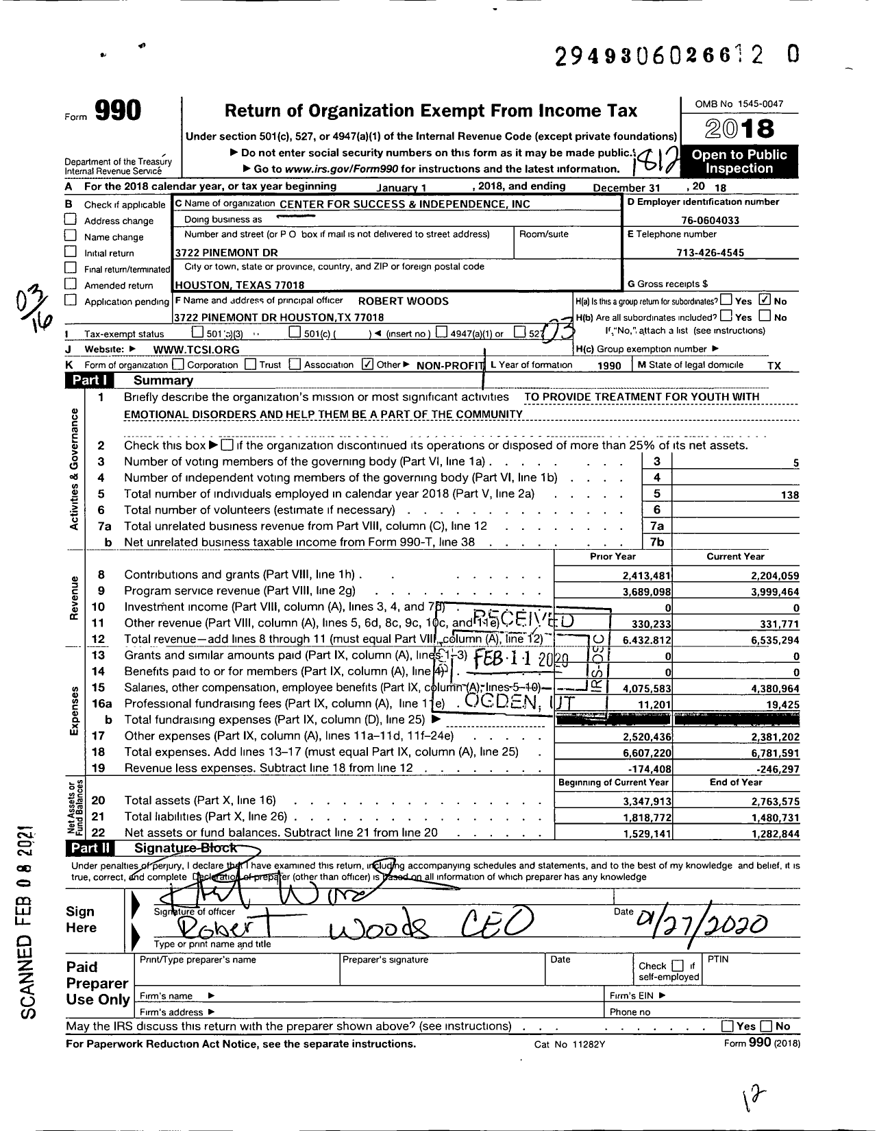 Image of first page of 2018 Form 990 for Center for Success and Independence