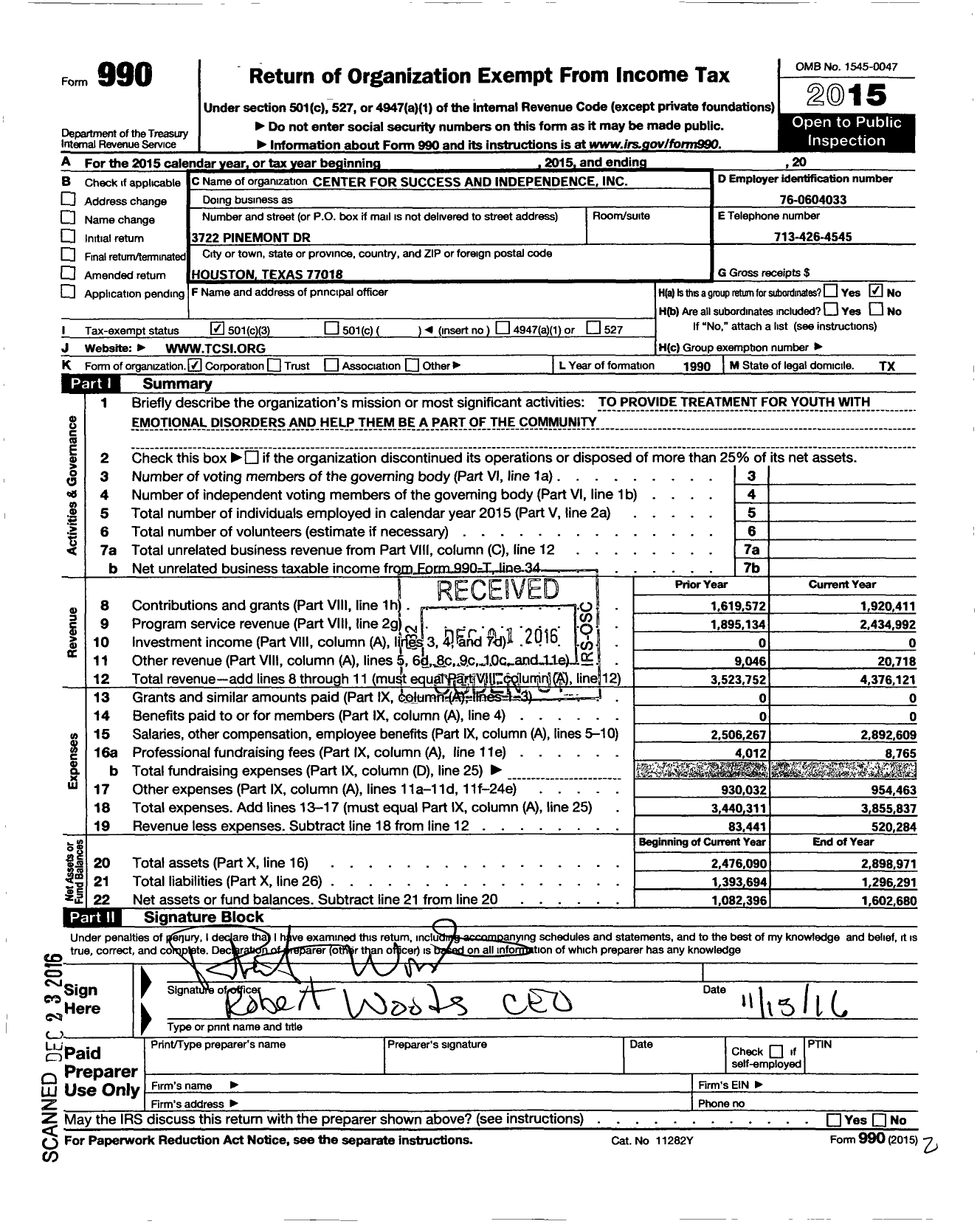 Image of first page of 2015 Form 990 for Center for Success and Independence