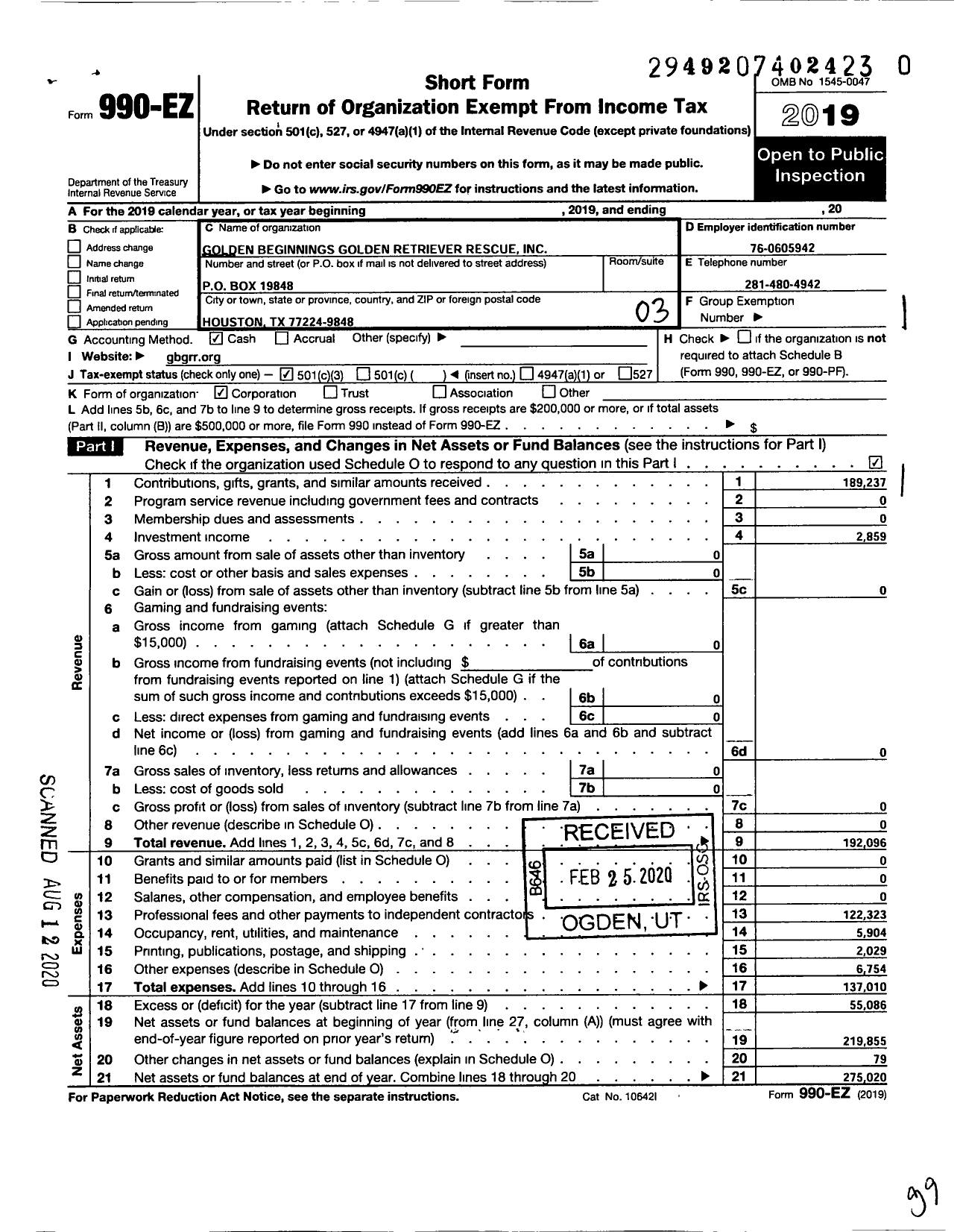 Image of first page of 2019 Form 990EZ for Golden Beginnings Golden Retriever Rescue