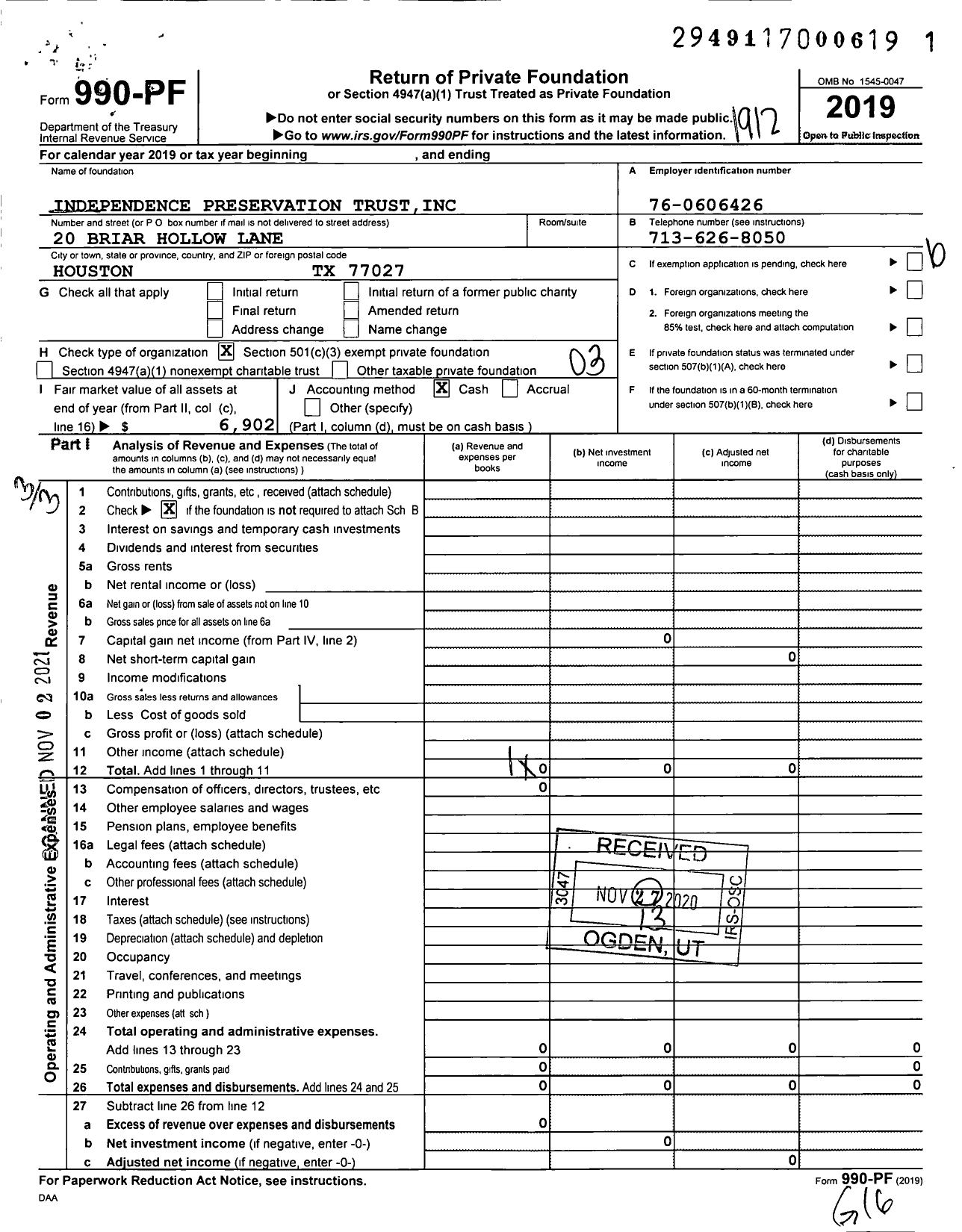 Image of first page of 2019 Form 990PF for Independence Preservation Trust