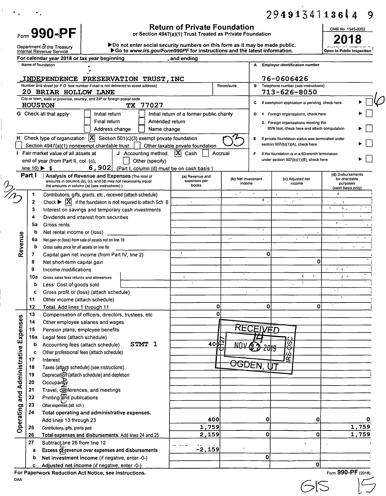 Image of first page of 2018 Form 990PF for Independence Preservation Trust