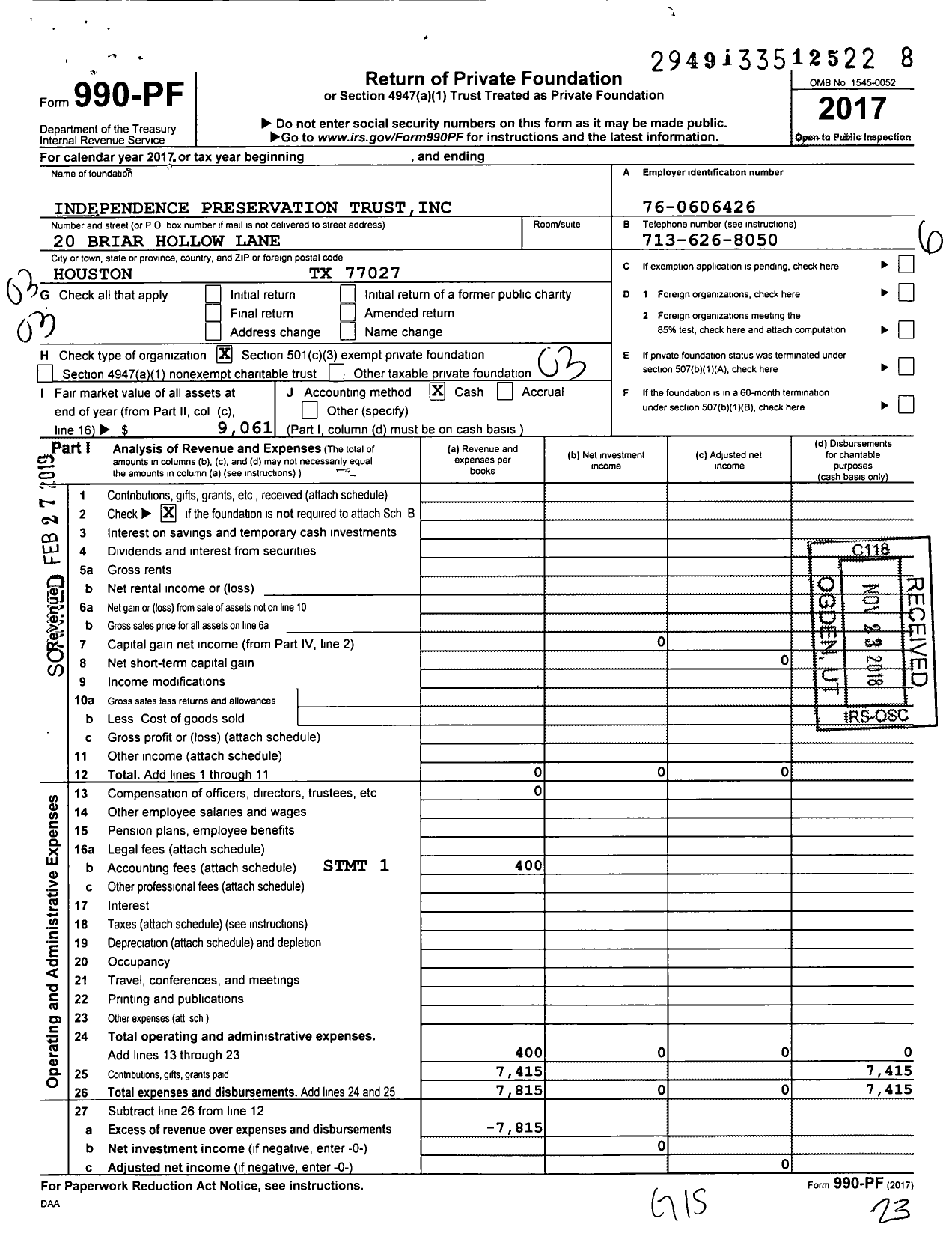 Image of first page of 2017 Form 990PF for Independence Preservation Trust