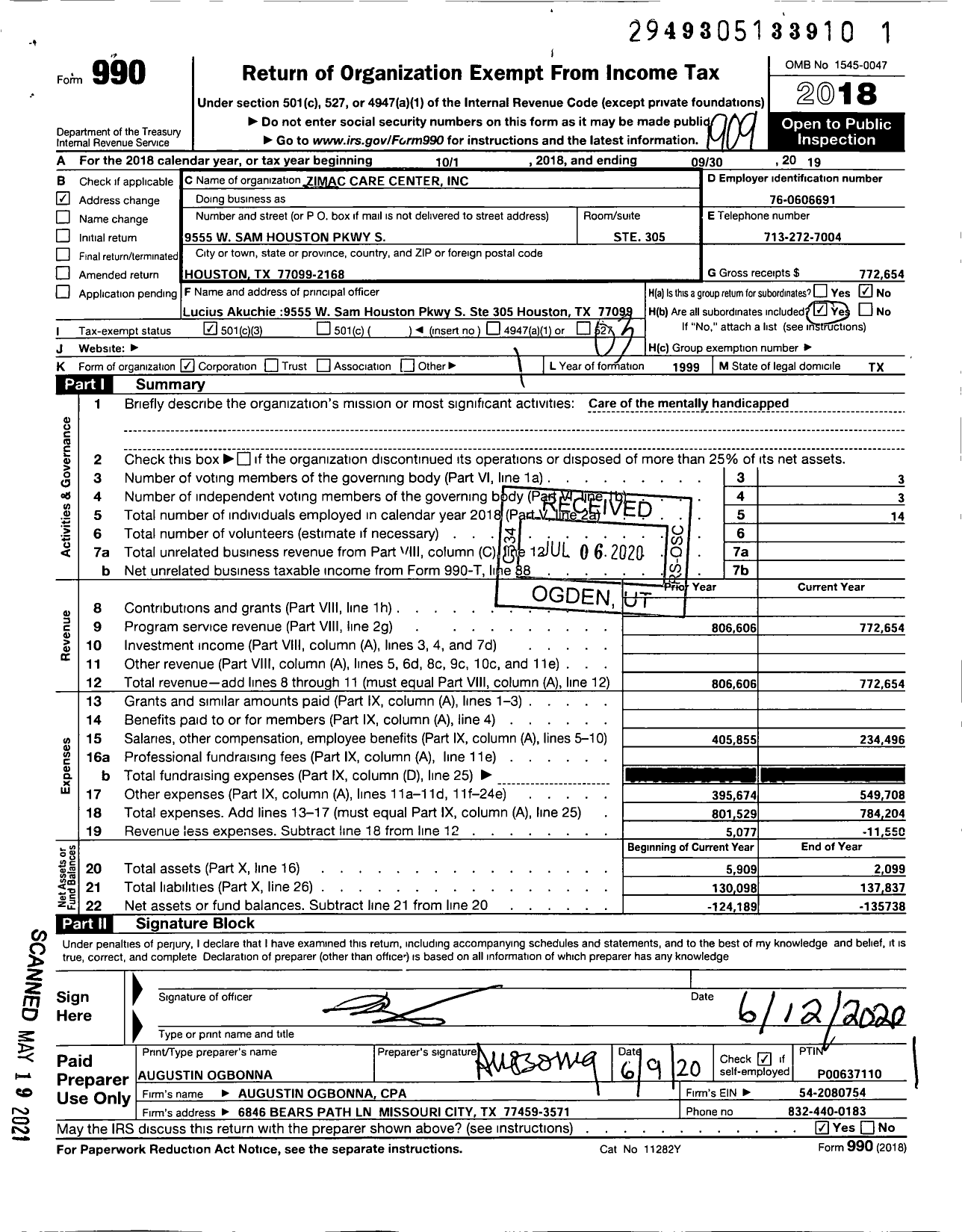 Image of first page of 2018 Form 990 for Zimac Care Center