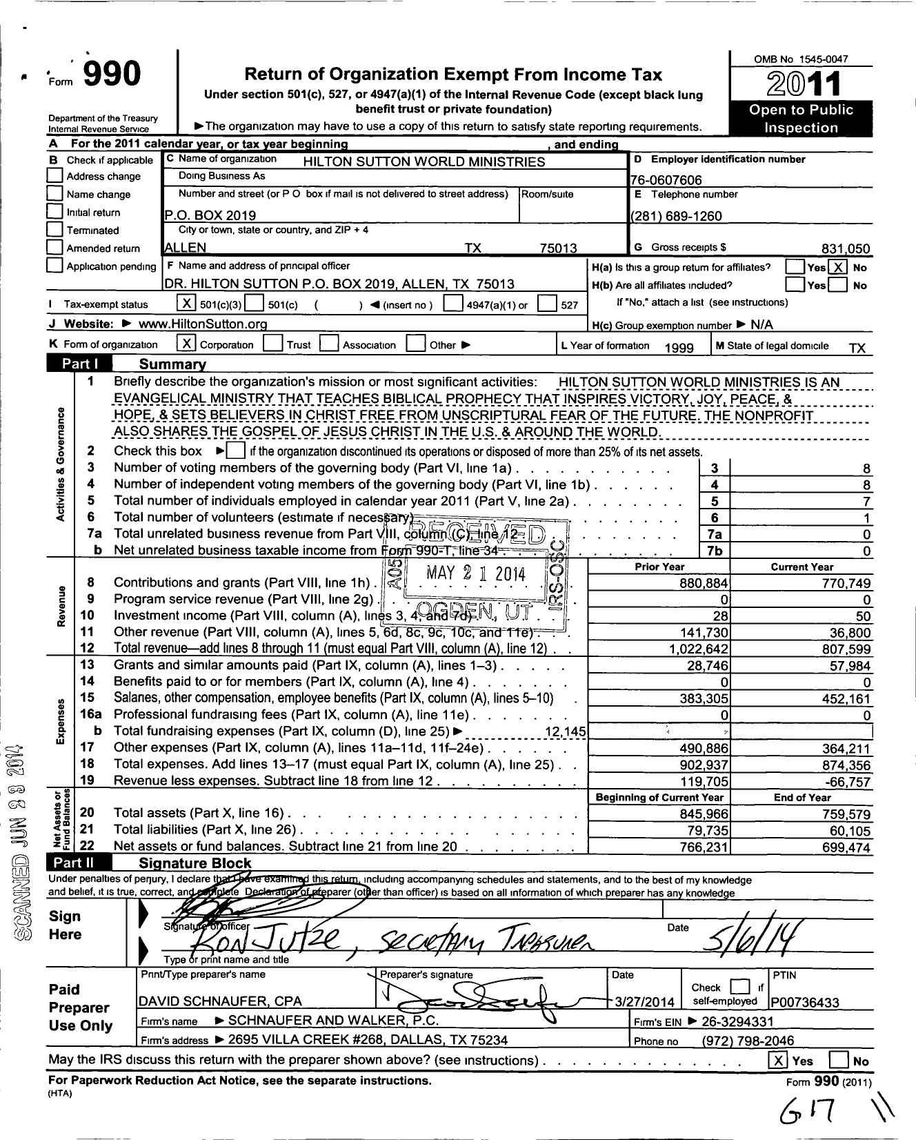 Image of first page of 2011 Form 990 for Hilton Sutton World Ministries