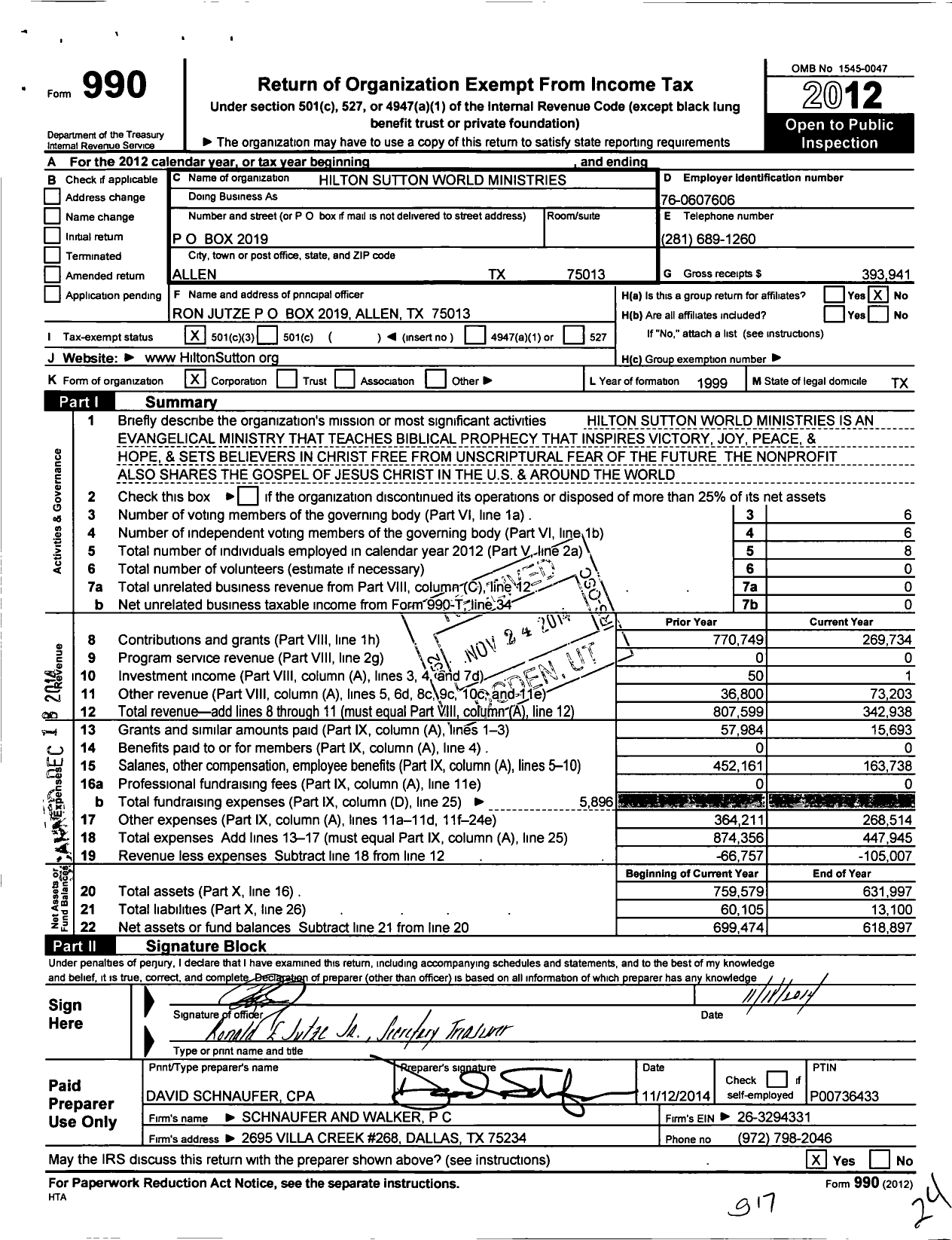 Image of first page of 2012 Form 990 for Hilton Sutton World Ministries