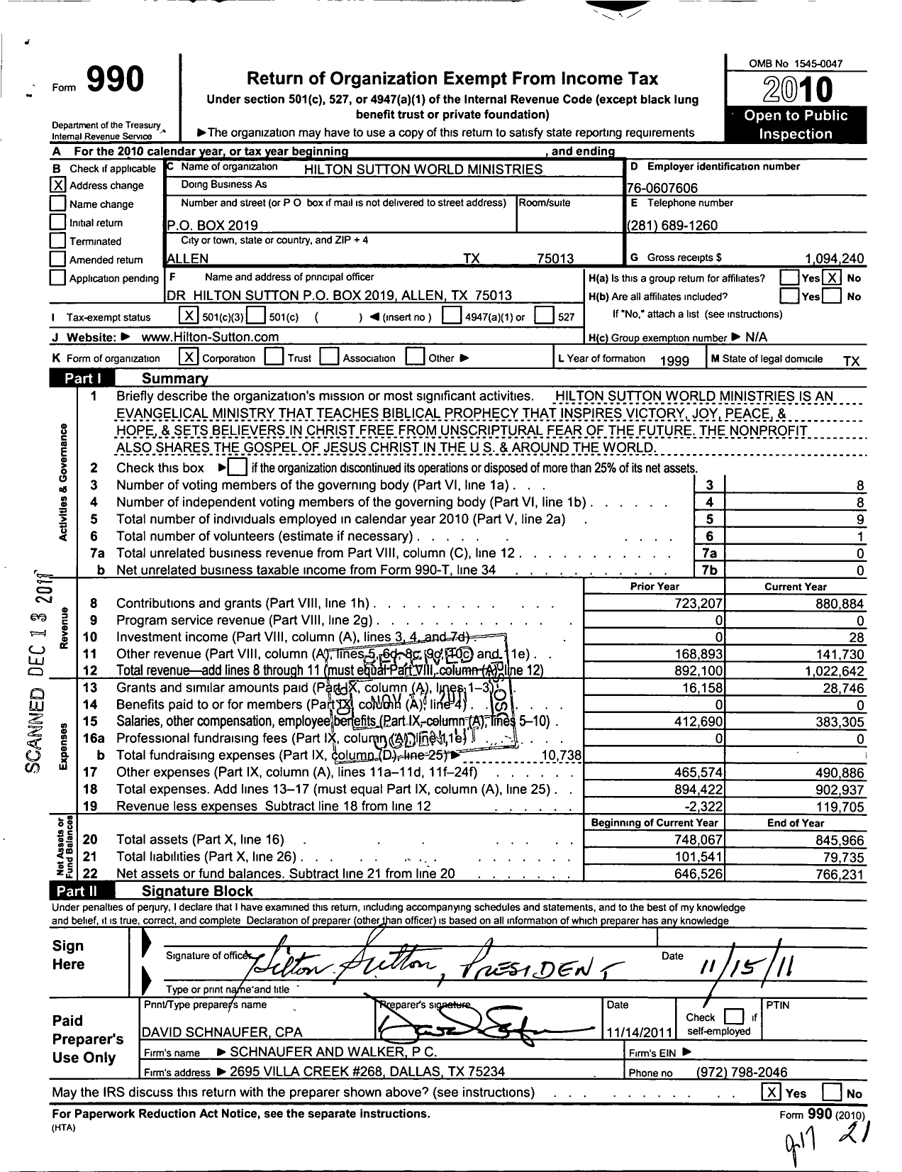 Image of first page of 2010 Form 990 for Hilton Sutton World Ministries