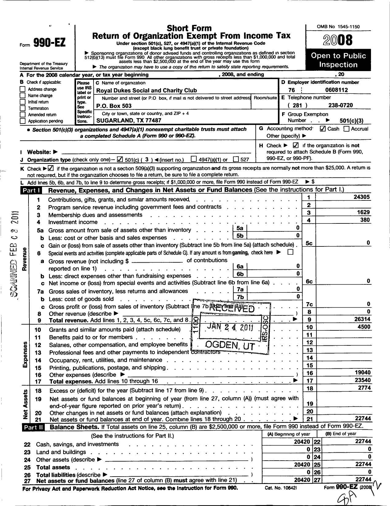 Image of first page of 2008 Form 990EZ for Royal Dukes Social and Charity Club