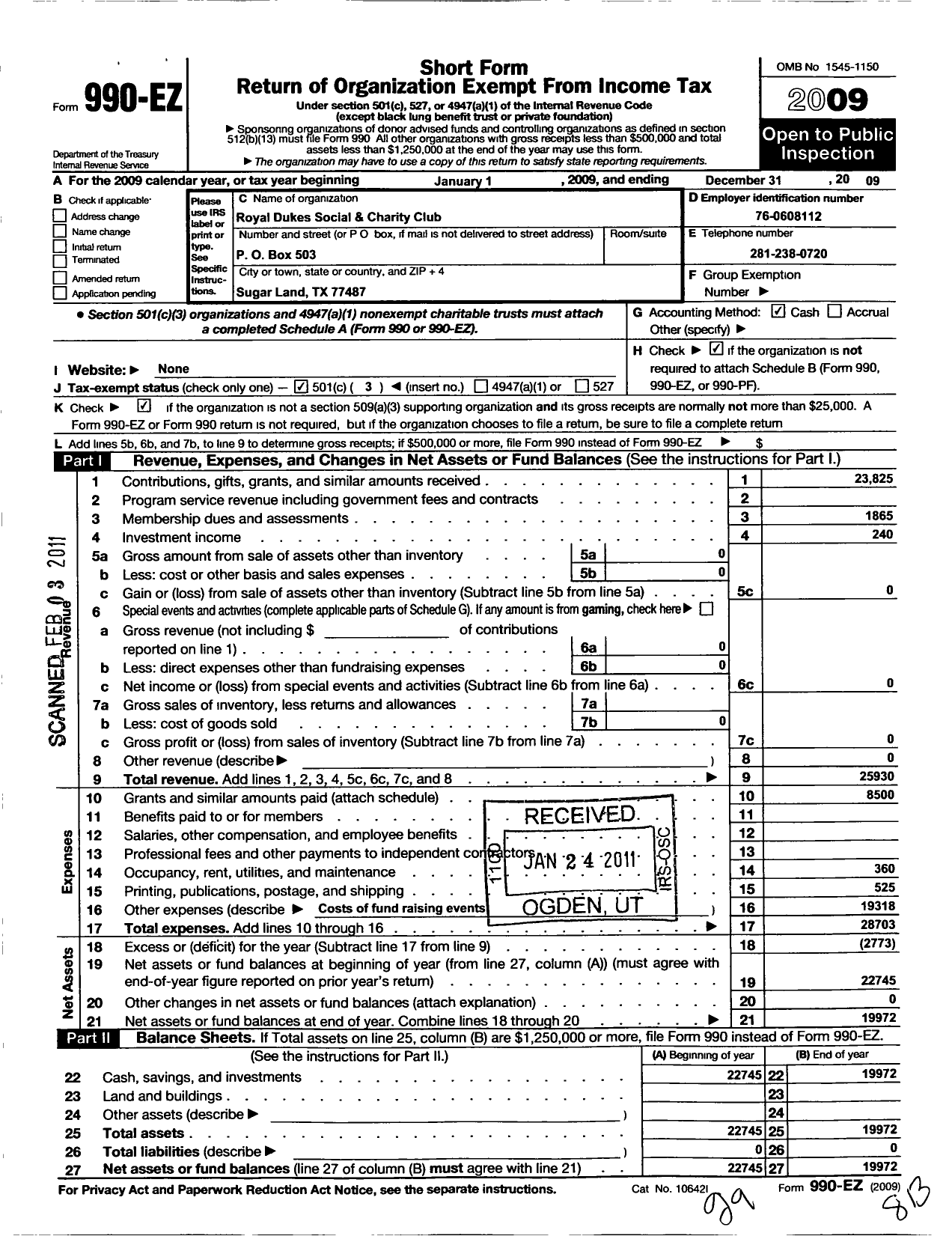 Image of first page of 2009 Form 990EZ for Royal Dukes Social and Charity Club