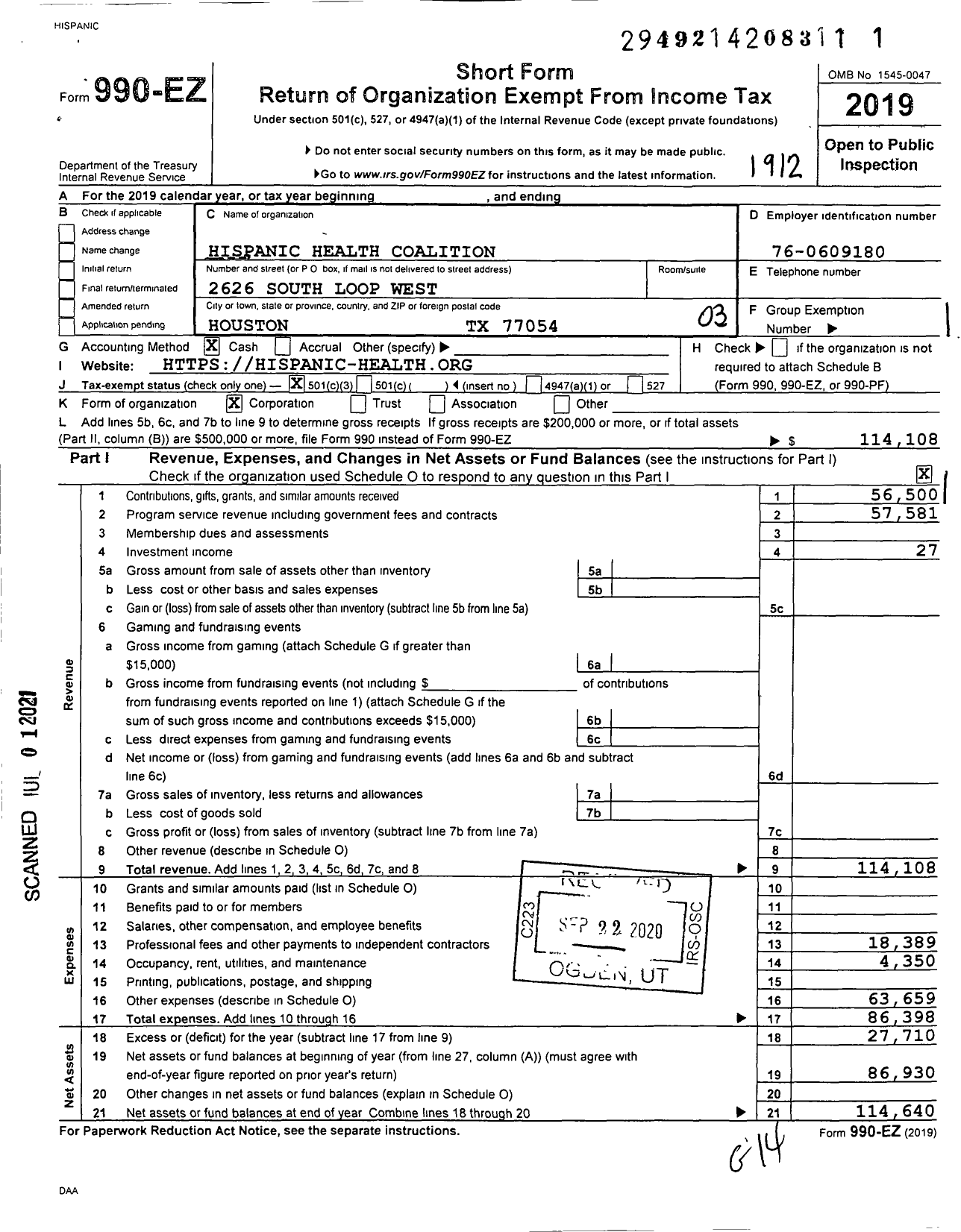 Image of first page of 2019 Form 990EZ for Hispanic Health Coalition