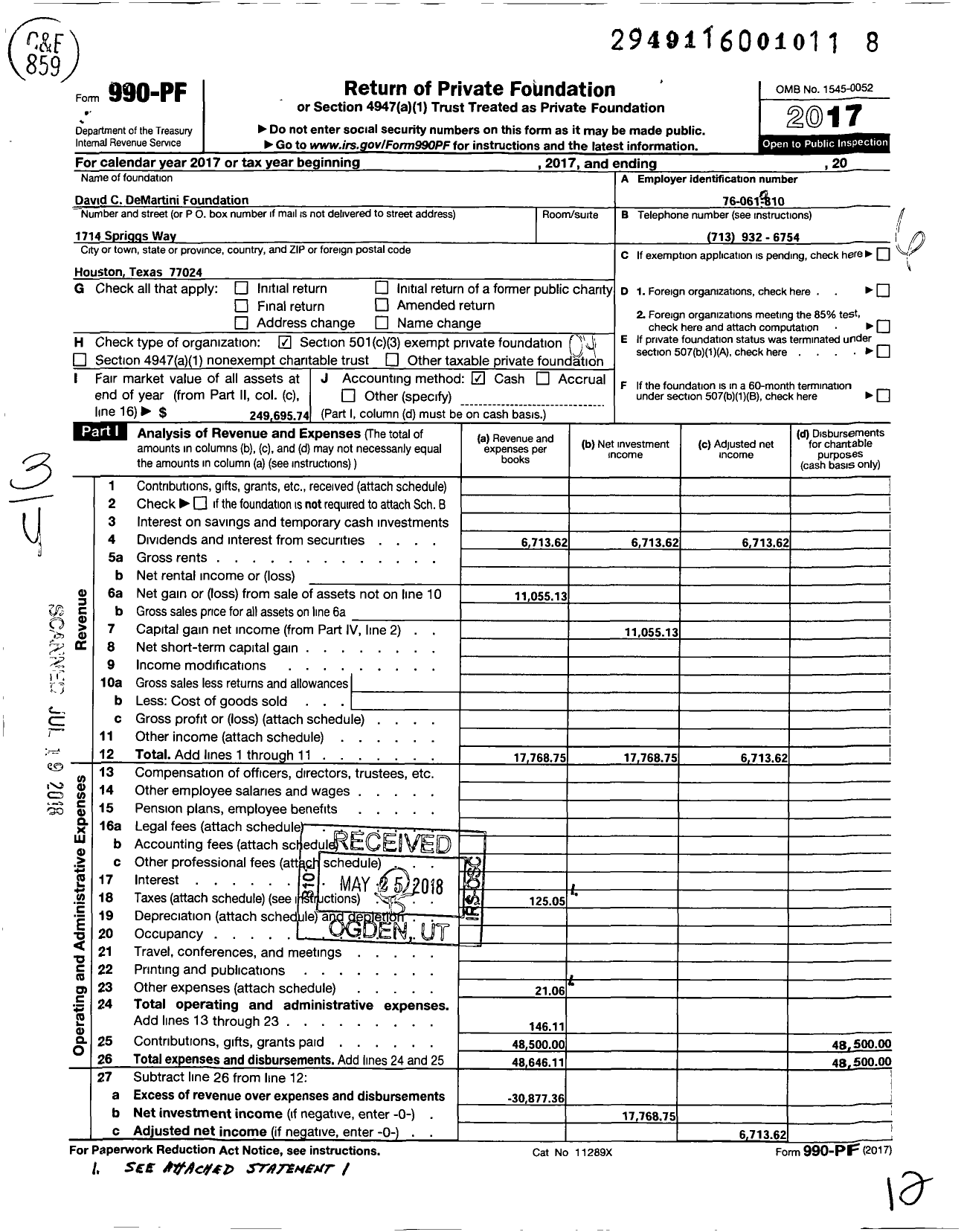 Image of first page of 2017 Form 990PF for David C DeMartini Foundation