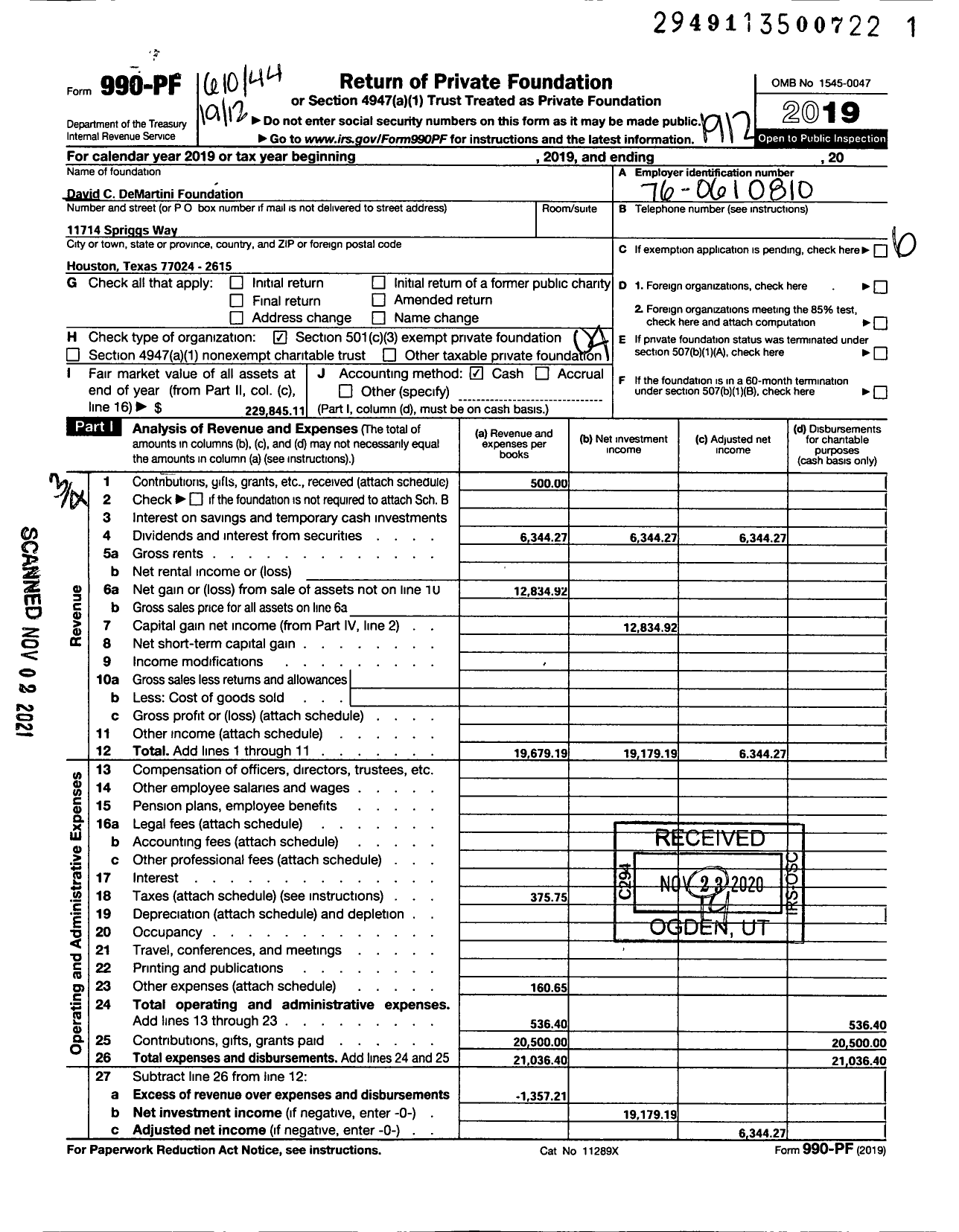 Image of first page of 2019 Form 990PF for David C DeMartini Foundation