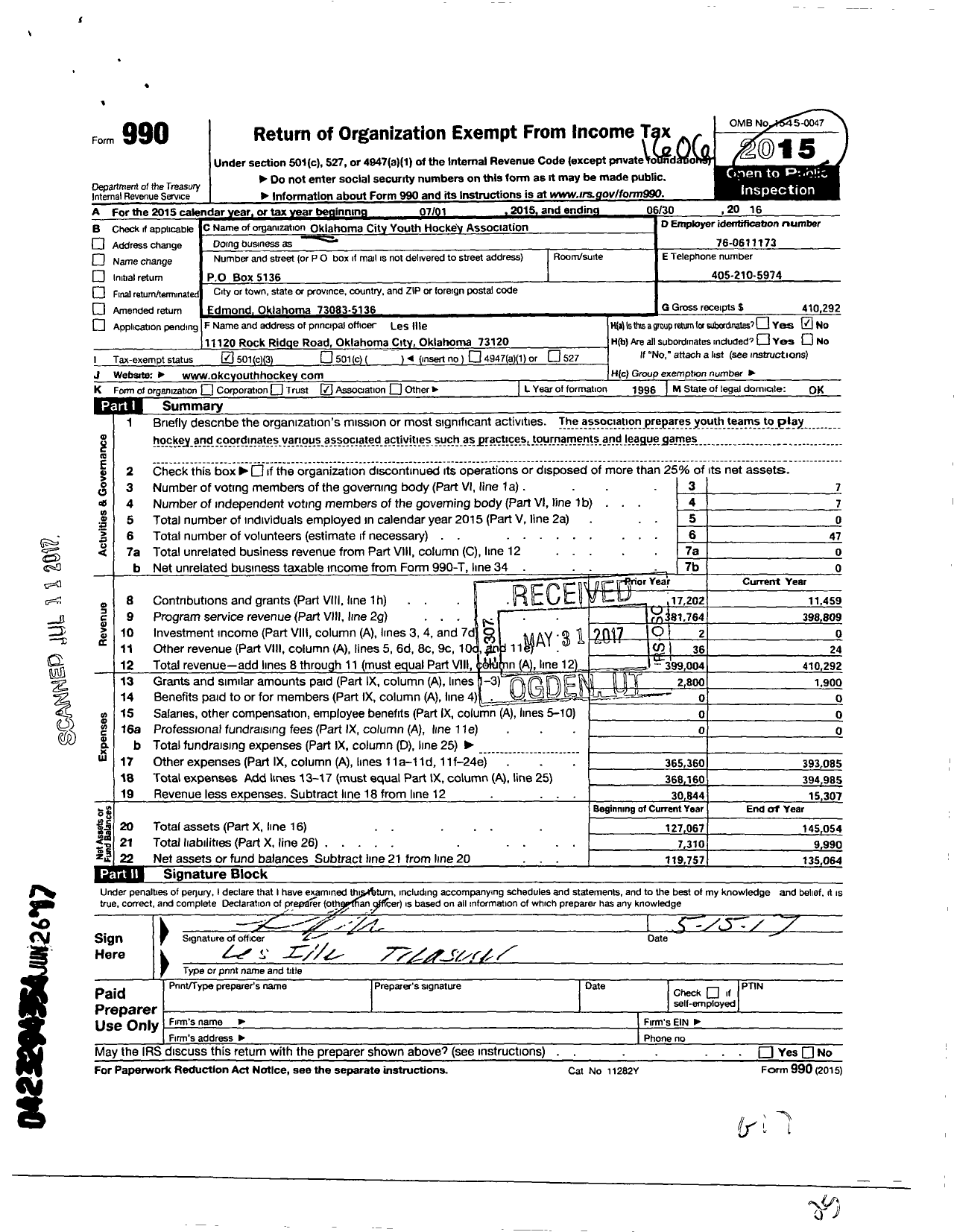 Image of first page of 2015 Form 990 for Oklahoma City Youth Hockey Association