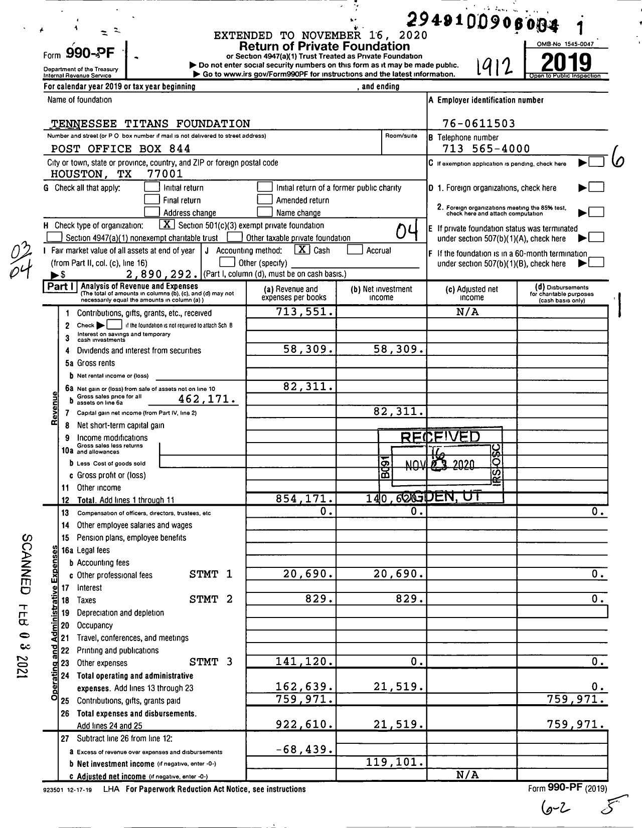 Image of first page of 2019 Form 990PF for Tennessee Titans Foundation