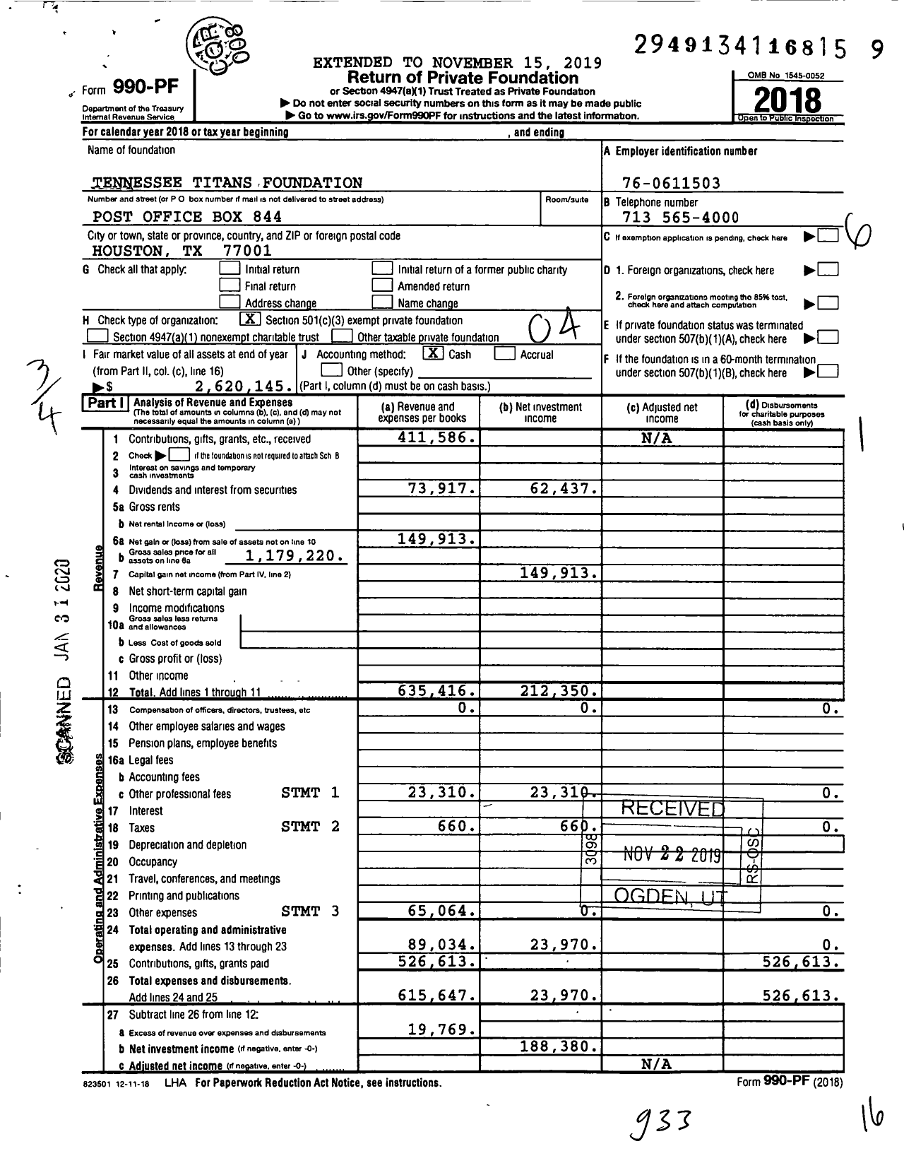 Image of first page of 2018 Form 990PF for Tennessee Titans Foundation