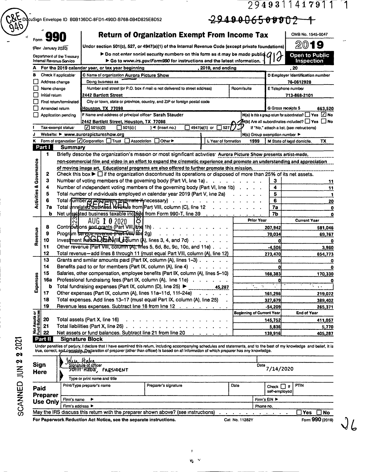 Image of first page of 2019 Form 990 for Aurora Picture Show