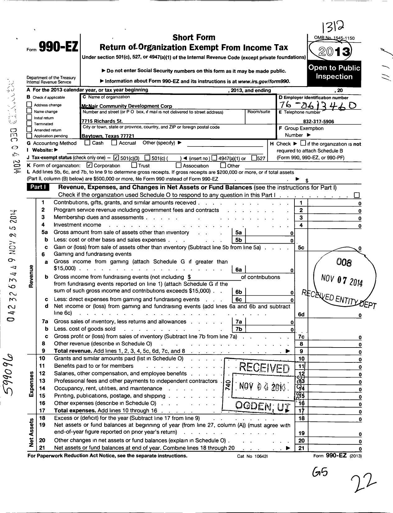 Image of first page of 2013 Form 990EZ for Mcnair Community Development Corporation