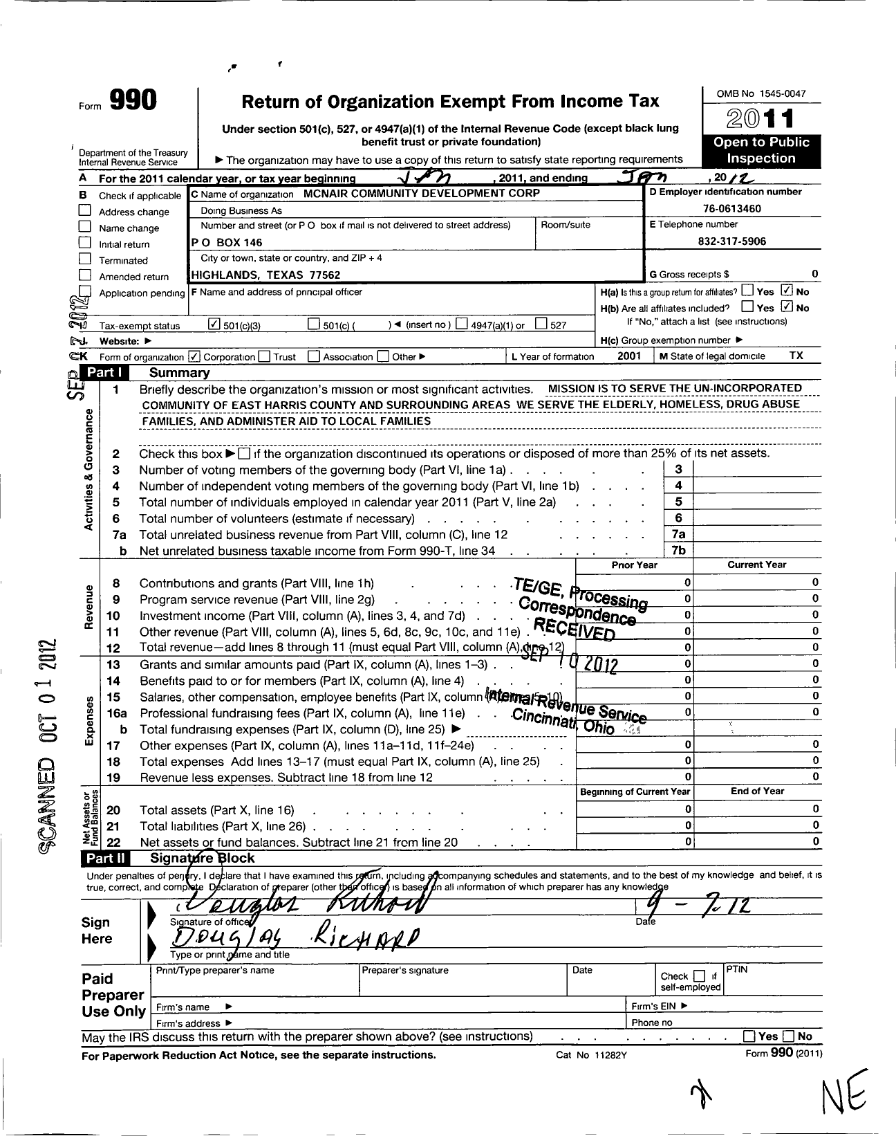 Image of first page of 2011 Form 990 for Mcnair Community Development Corporation