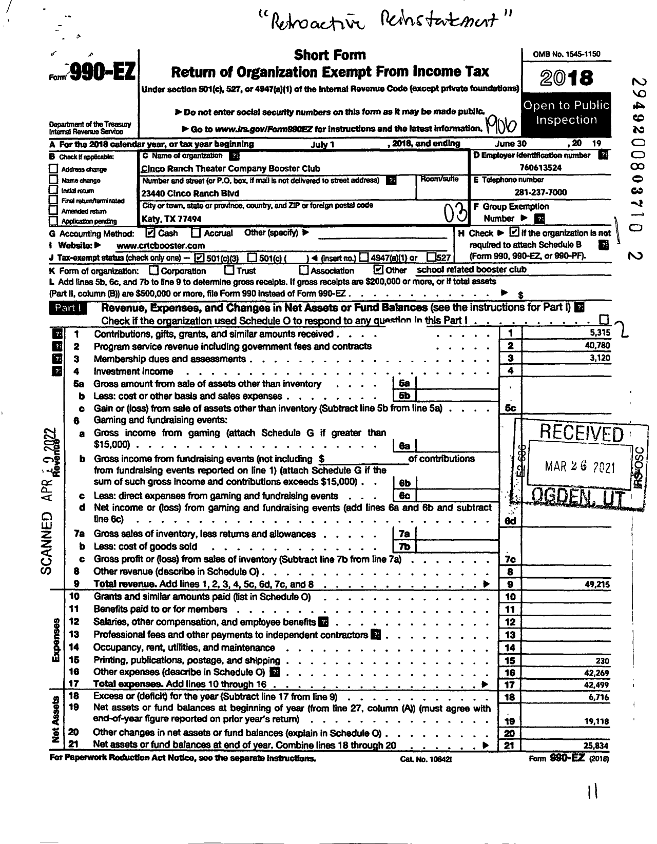 Image of first page of 2018 Form 990EZ for Cinco Ranch Theatre Company Booster Club