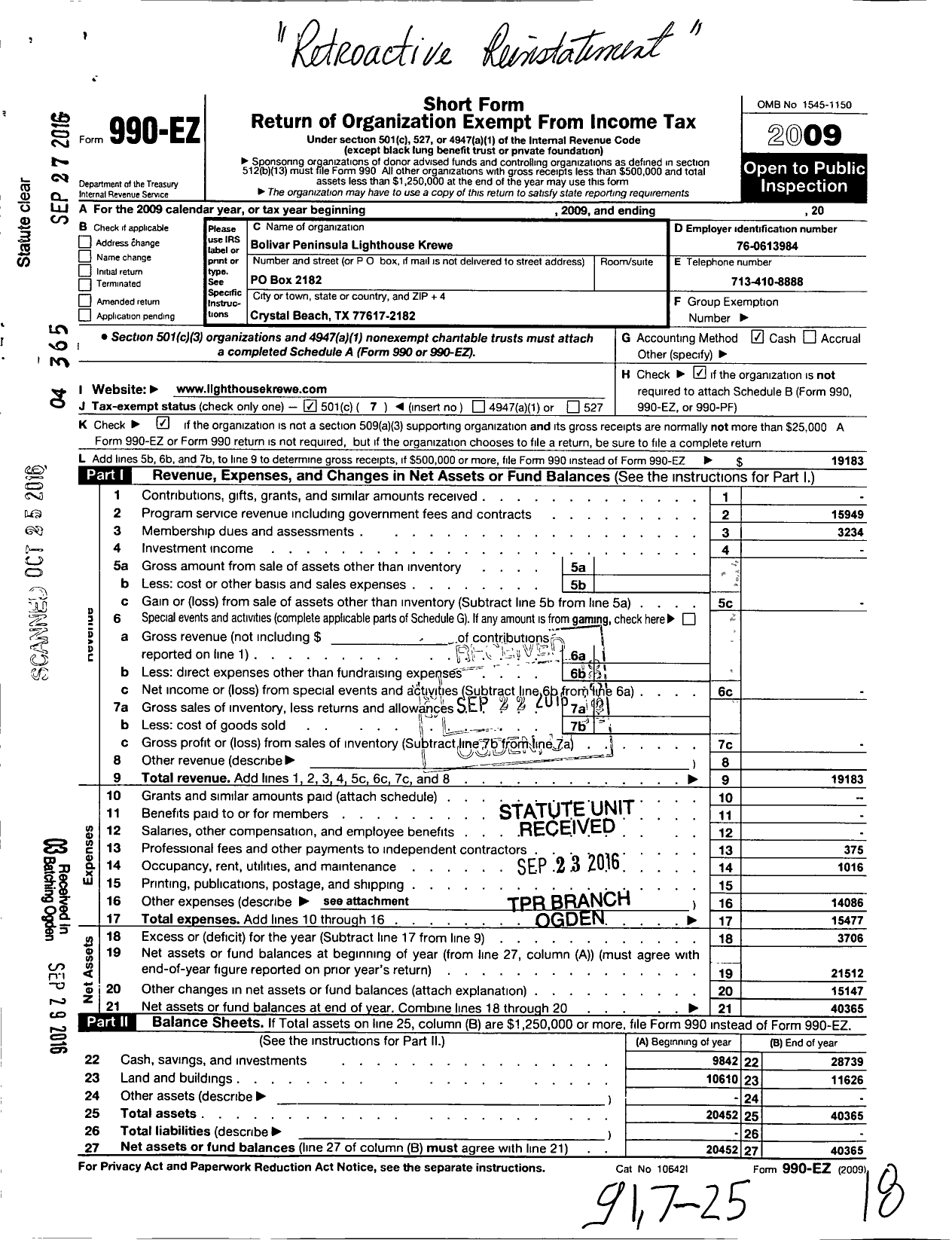 Image of first page of 2009 Form 990EO for Bolivar Peninsula Lighthouse Krewe