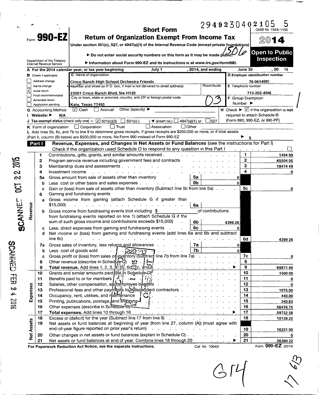 Image of first page of 2014 Form 990EZ for Cinco Ranch High School Orchestra Friends