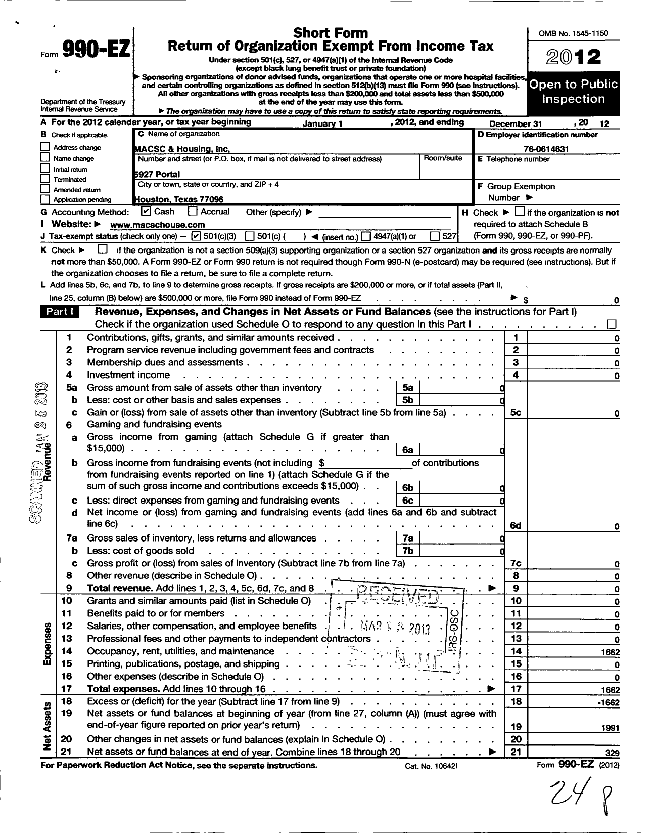 Image of first page of 2012 Form 990EZ for Macsc and Housing