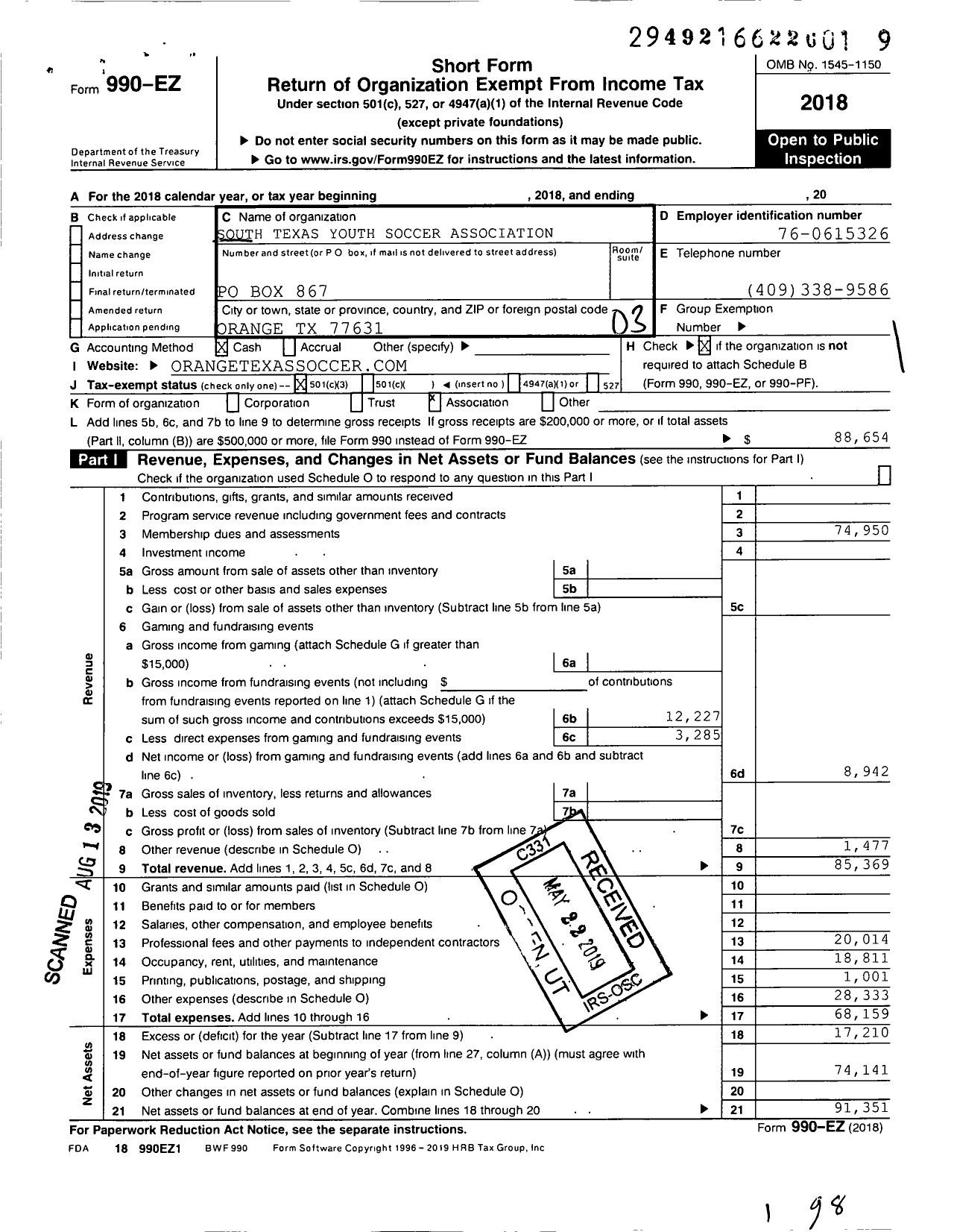 Image of first page of 2018 Form 990EZ for South Texas Youth Soccer Association / Orange County Youth Soccer Club