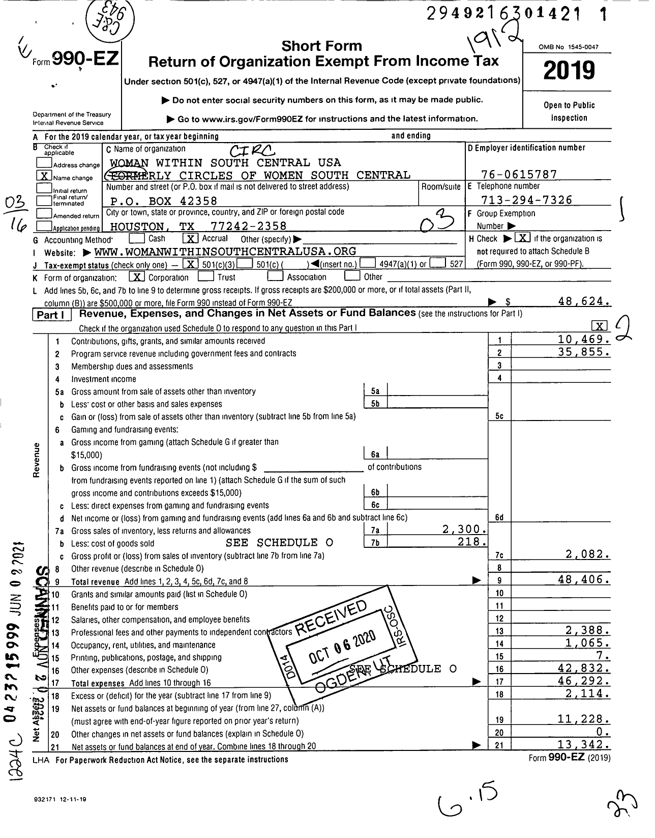 Image of first page of 2019 Form 990EZ for Woman Within South Central USA