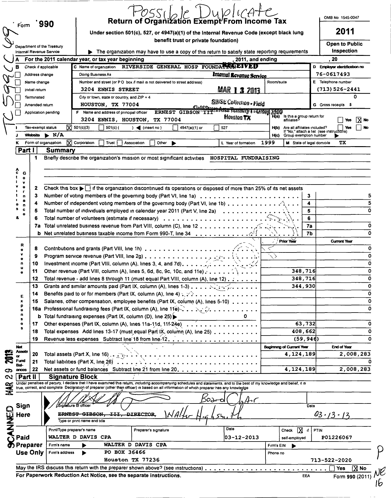 Image of first page of 2011 Form 990 for Riverside General Hospital Foundation
