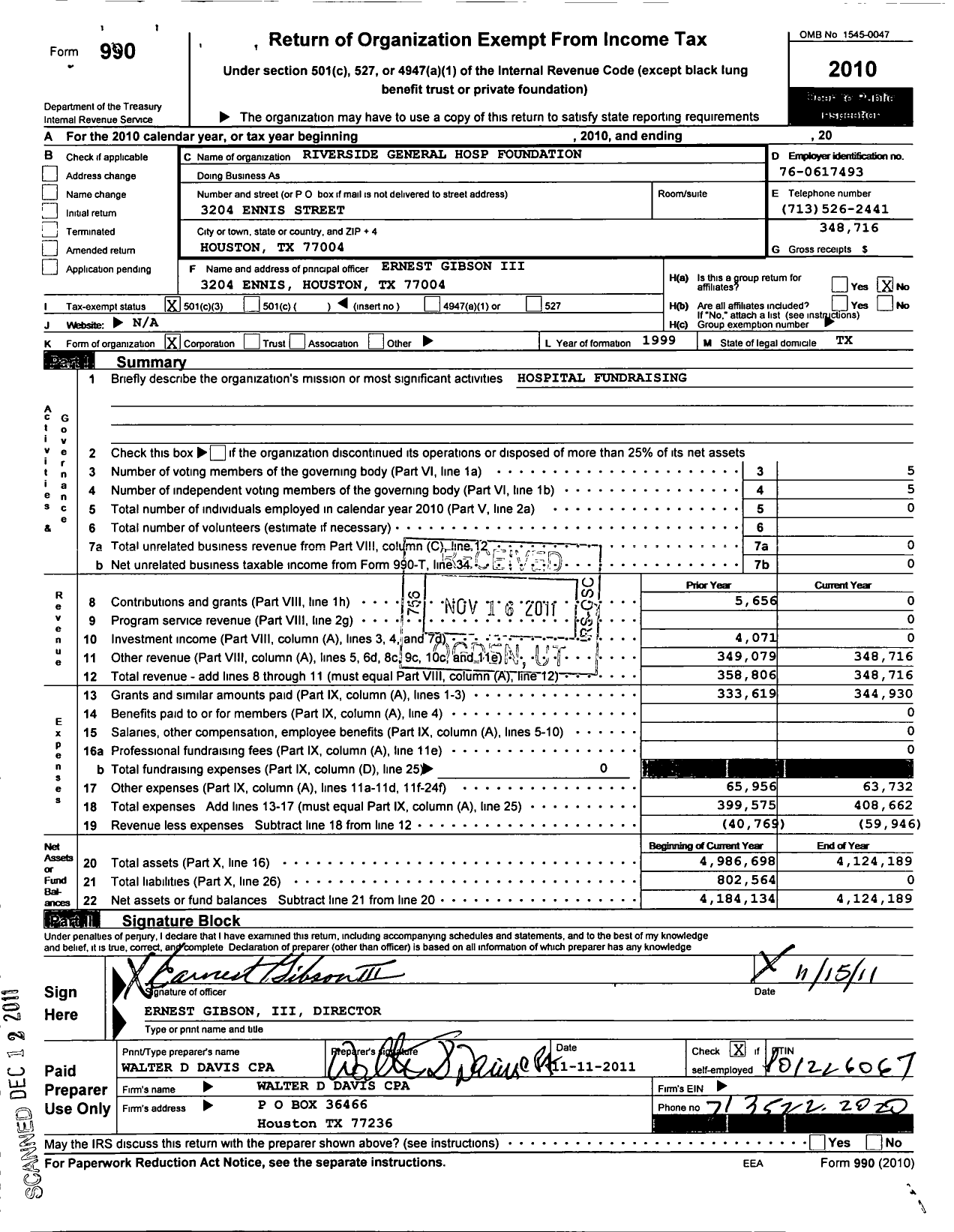 Image of first page of 2010 Form 990 for Riverside General Hospital Foundation
