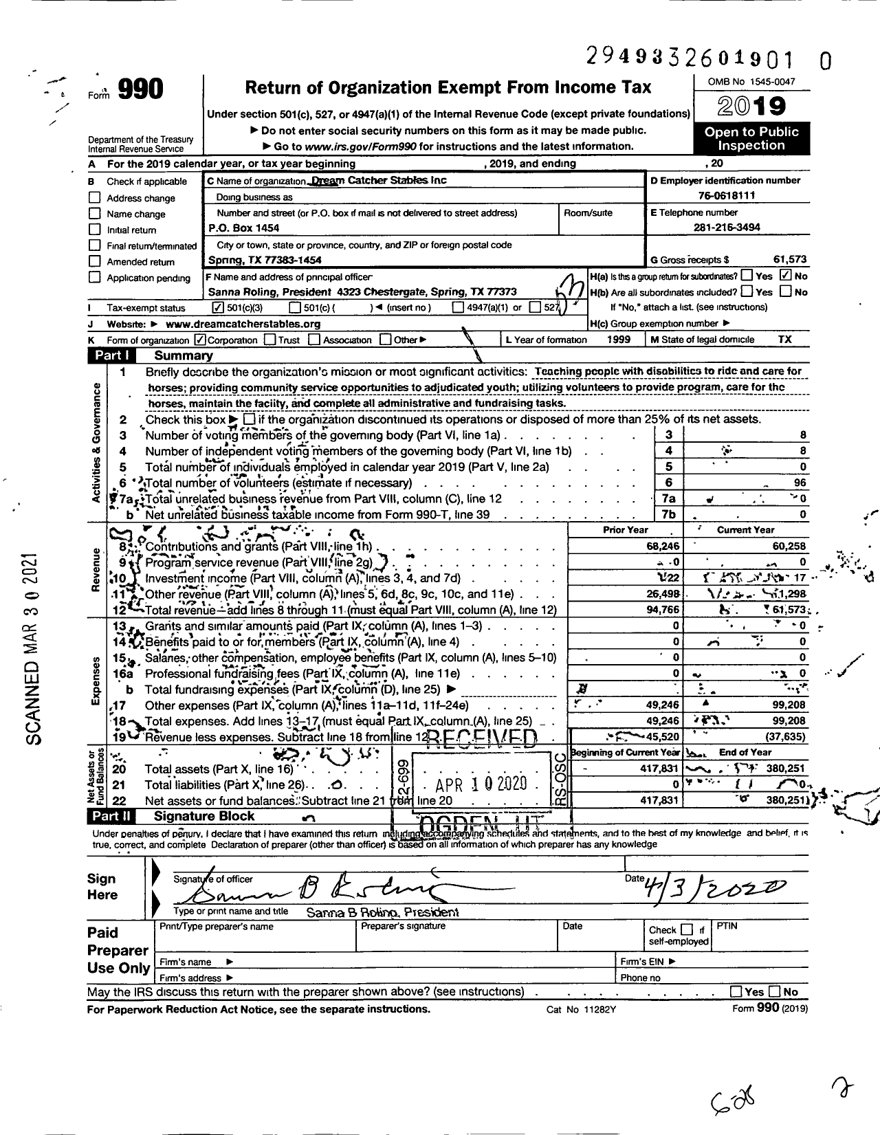 Image of first page of 2019 Form 990 for Dream Catcher Stables