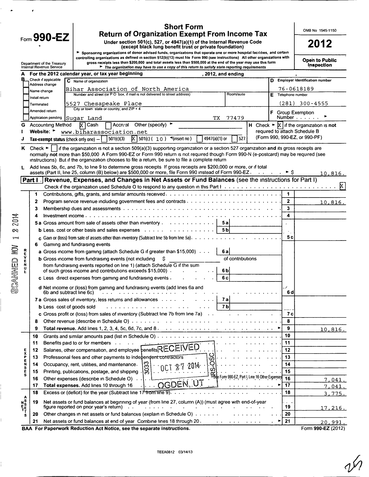 Image of first page of 2012 Form 990EO for Bihar Association of North America Southwest