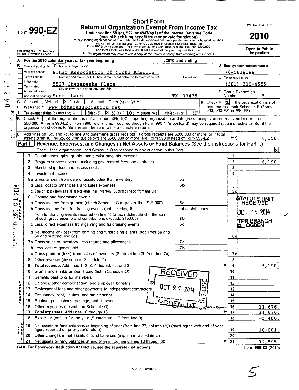 Image of first page of 2010 Form 990EO for Bihar Association of North America Southwest