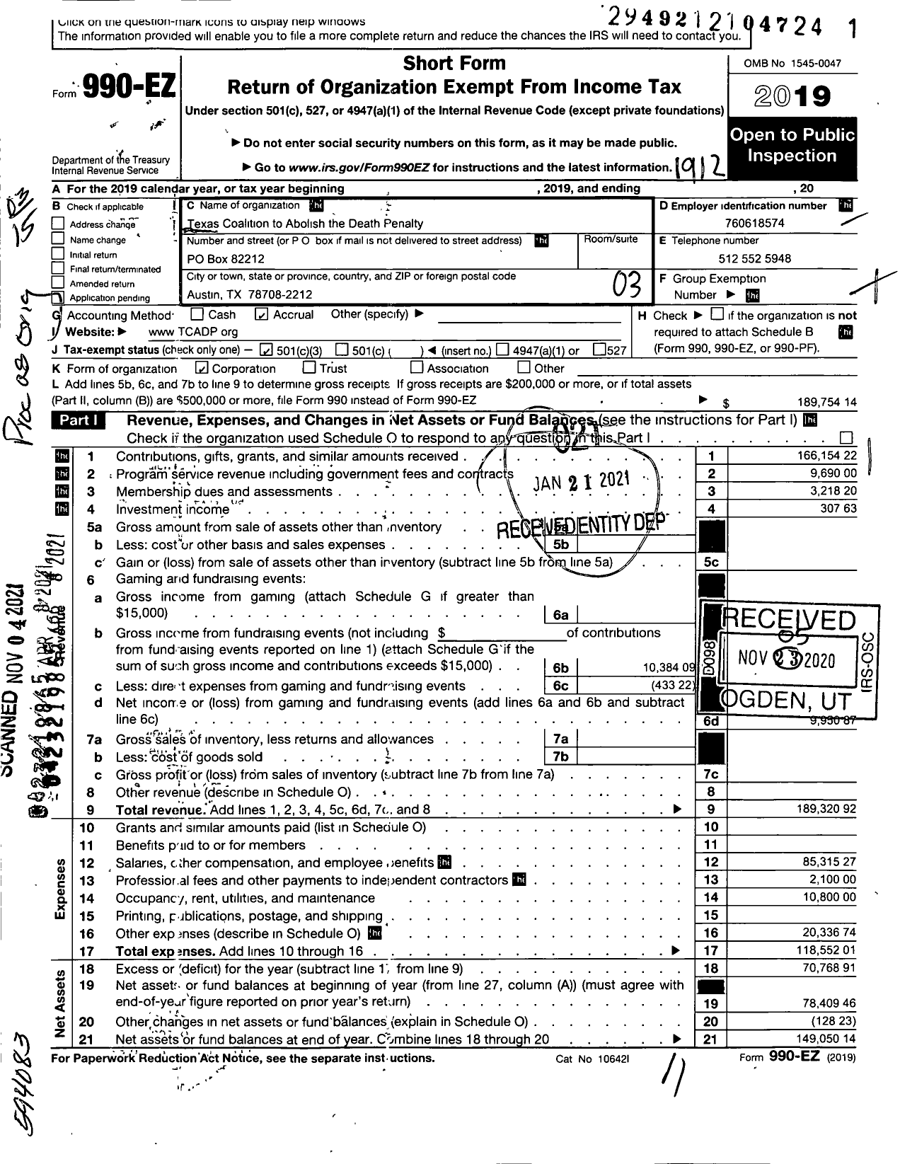 Image of first page of 2019 Form 990EZ for Texas Coalition To Abolish the Death Penalty