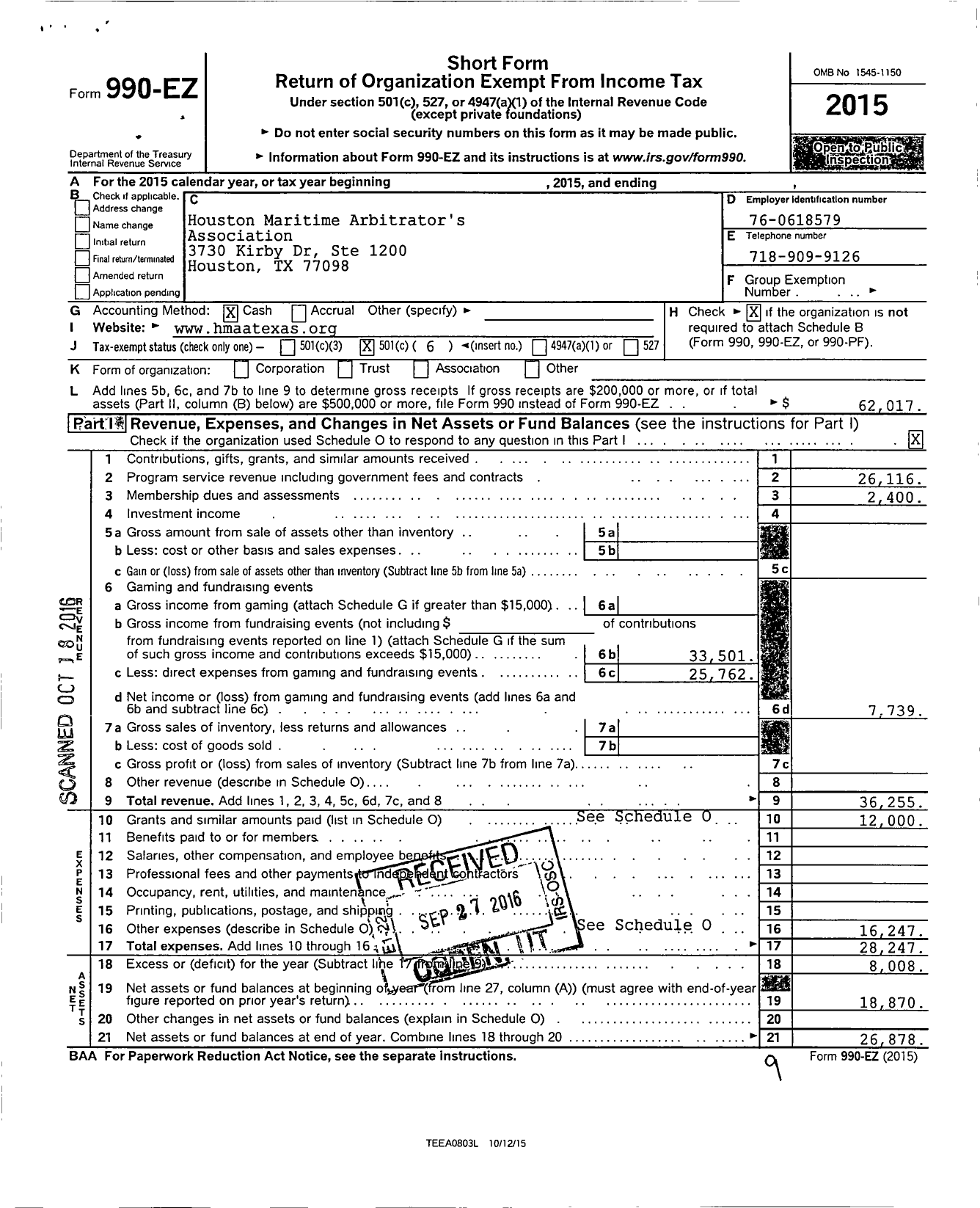 Image of first page of 2015 Form 990EO for Houston Maritime Arbitrators Association