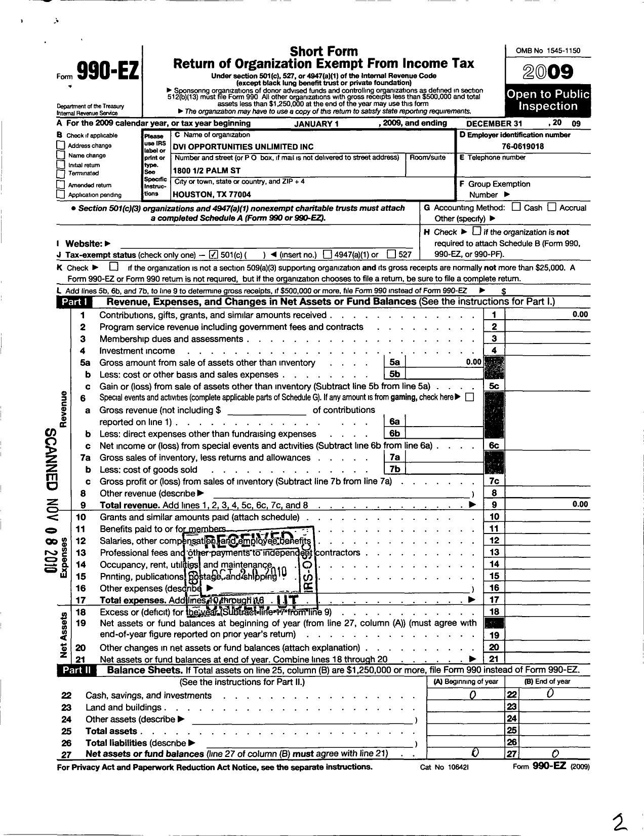 Image of first page of 2009 Form 990EZ for Dvi Opportunities Unlimited