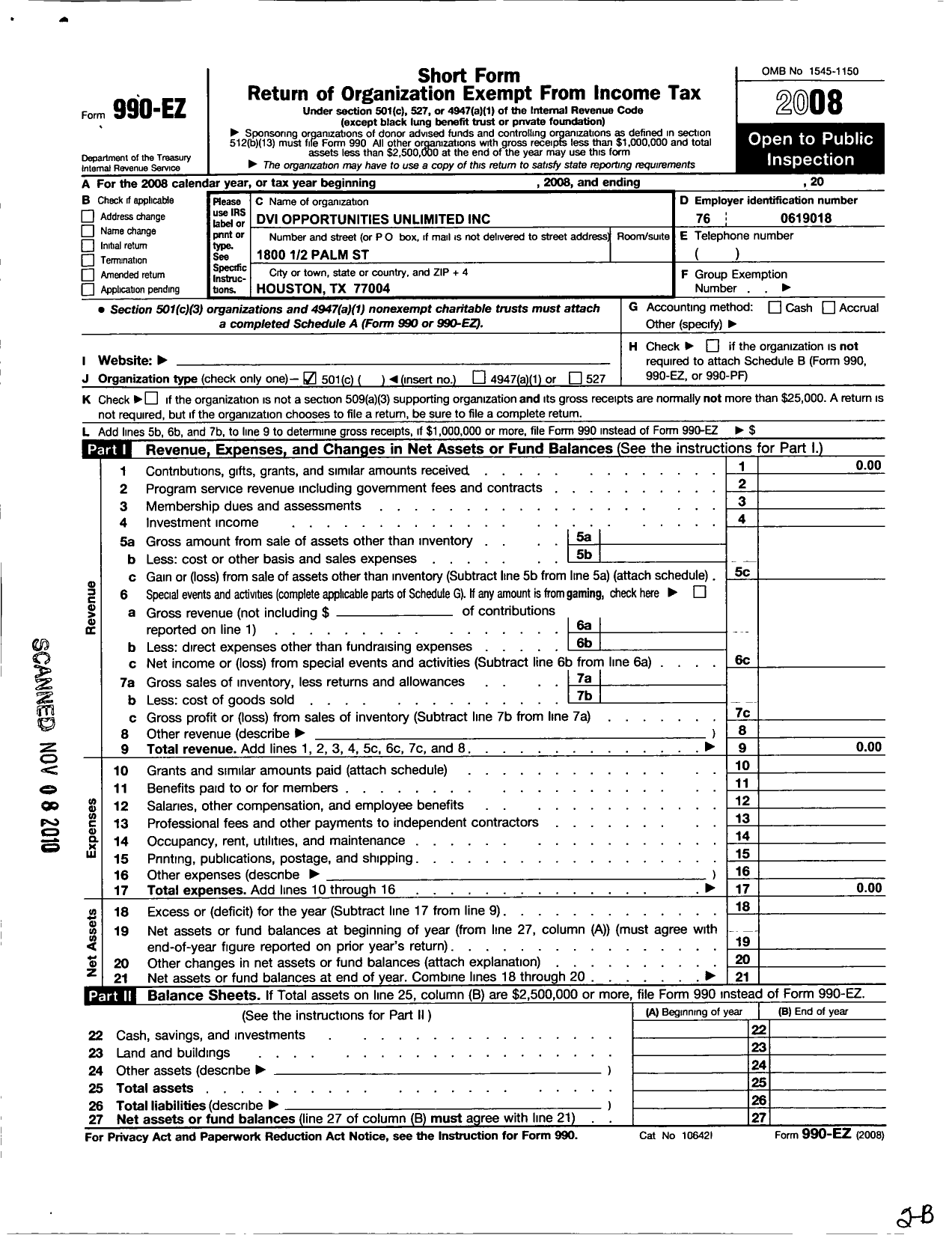 Image of first page of 2008 Form 990EZ for Dvi Opportunities Unlimited