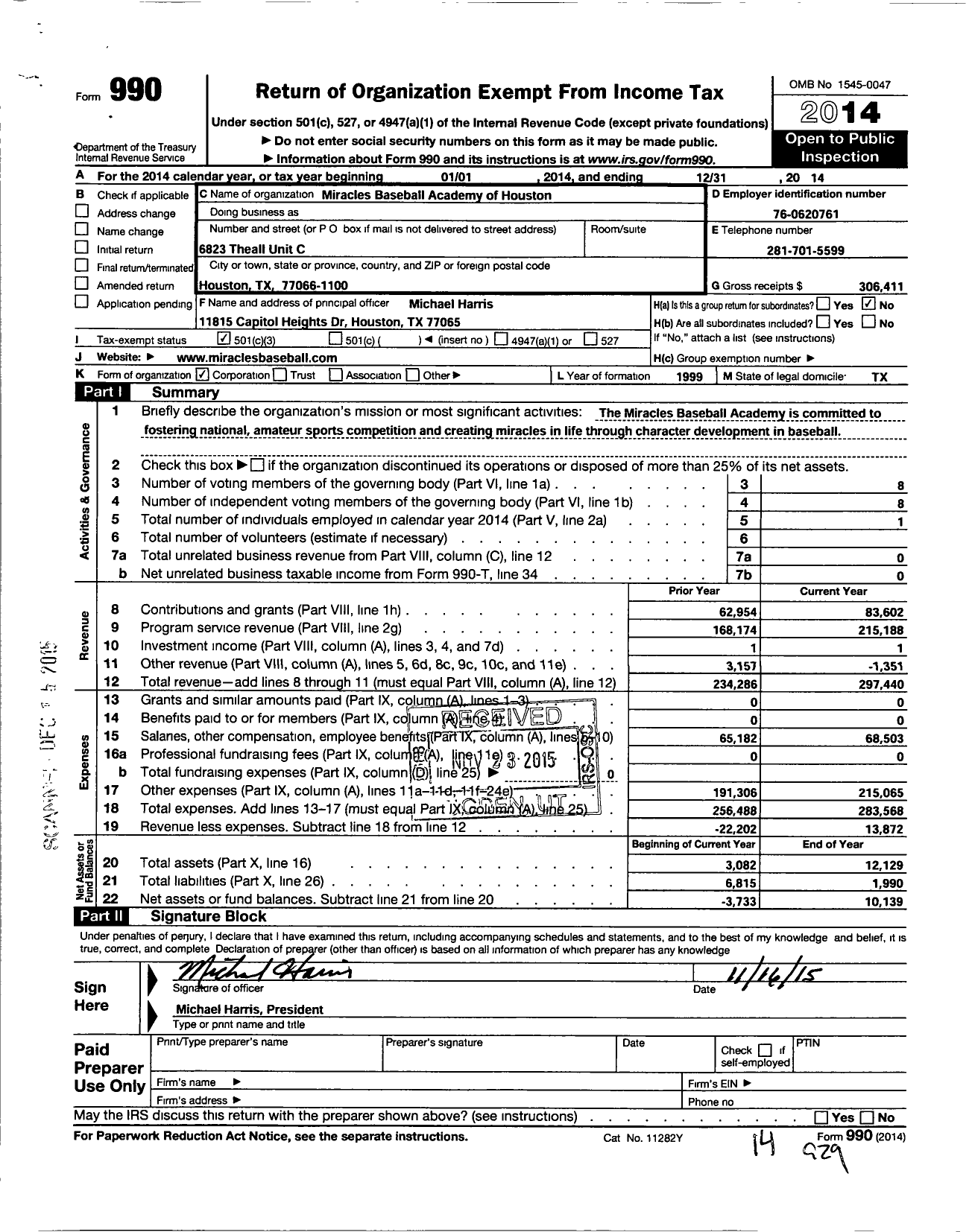 Image of first page of 2014 Form 990 for Miracles Baseball Academy of Houston