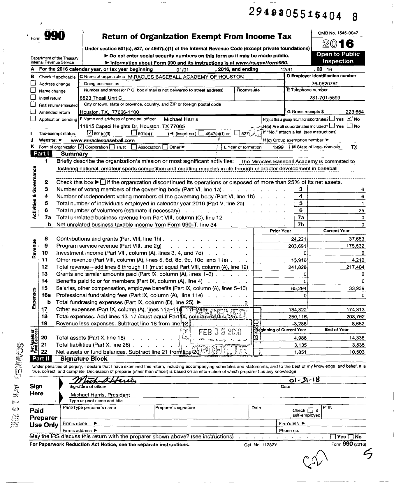 Image of first page of 2016 Form 990 for Miracles Baseball Academy of Houston